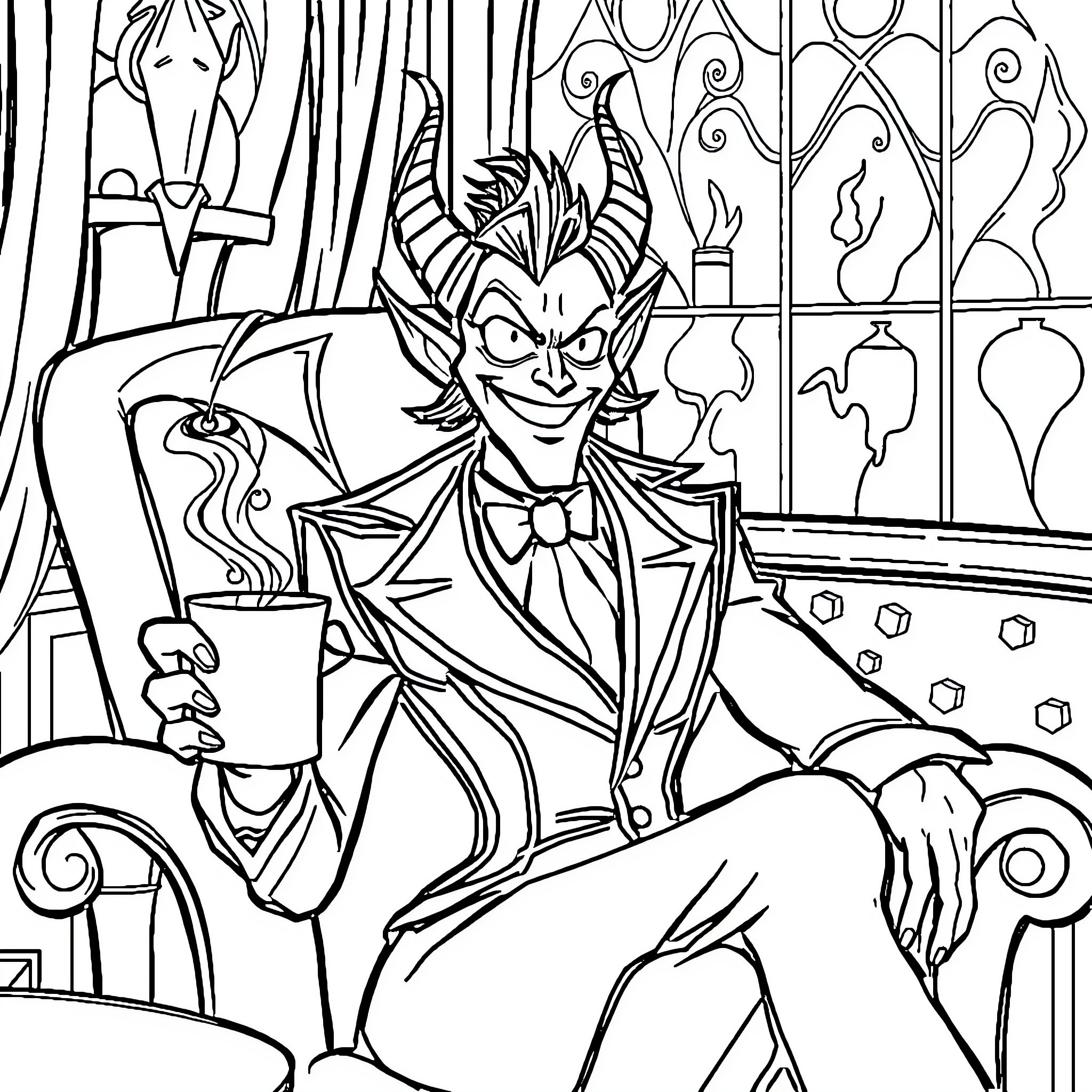 Lucifer's Sinister Scheming in His Lavish Lair Coloring Page (free black-and-white line drawing printable PDF for all, from beginners to advanced learners, including children, teens, adults, and seniors)