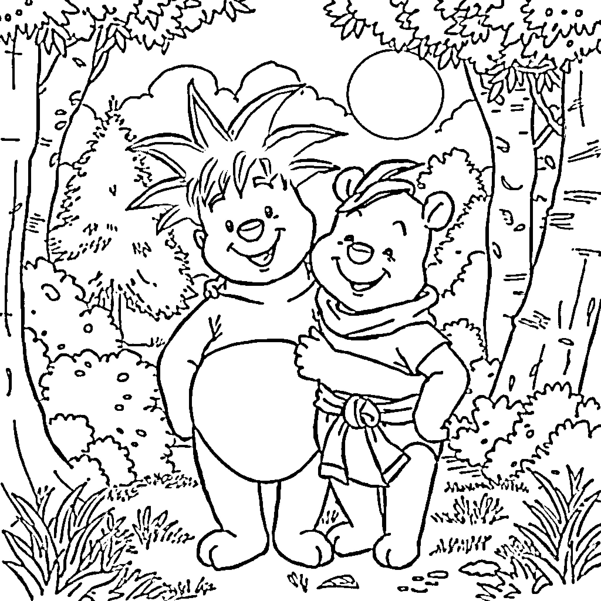 Winnie and friends exploring the magical forest Coloring Page (free black-and-white line drawing printable PDF for all, from beginners to advanced learners, including children, teens, adults, and seniors)