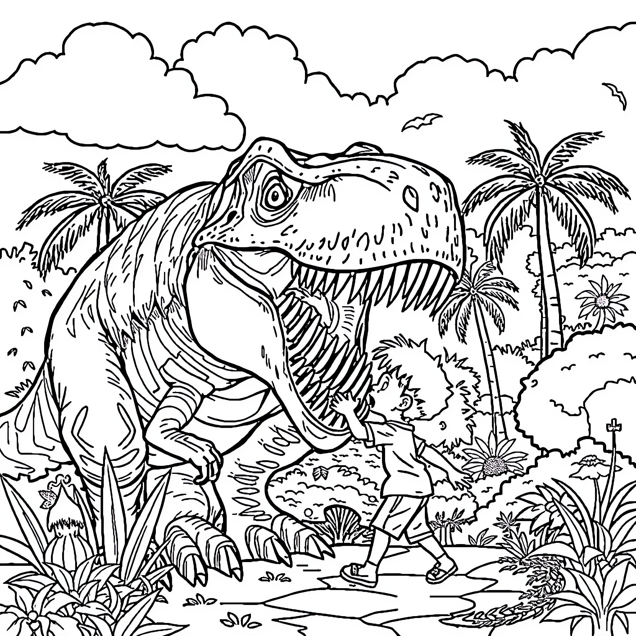 Dinosaur Roaring Fiercely in Tropical Jungle Landscape Coloring Page (free black-and-white line drawing printable PDF for all, from beginners to advanced learners, including children, teens, adults, and seniors)