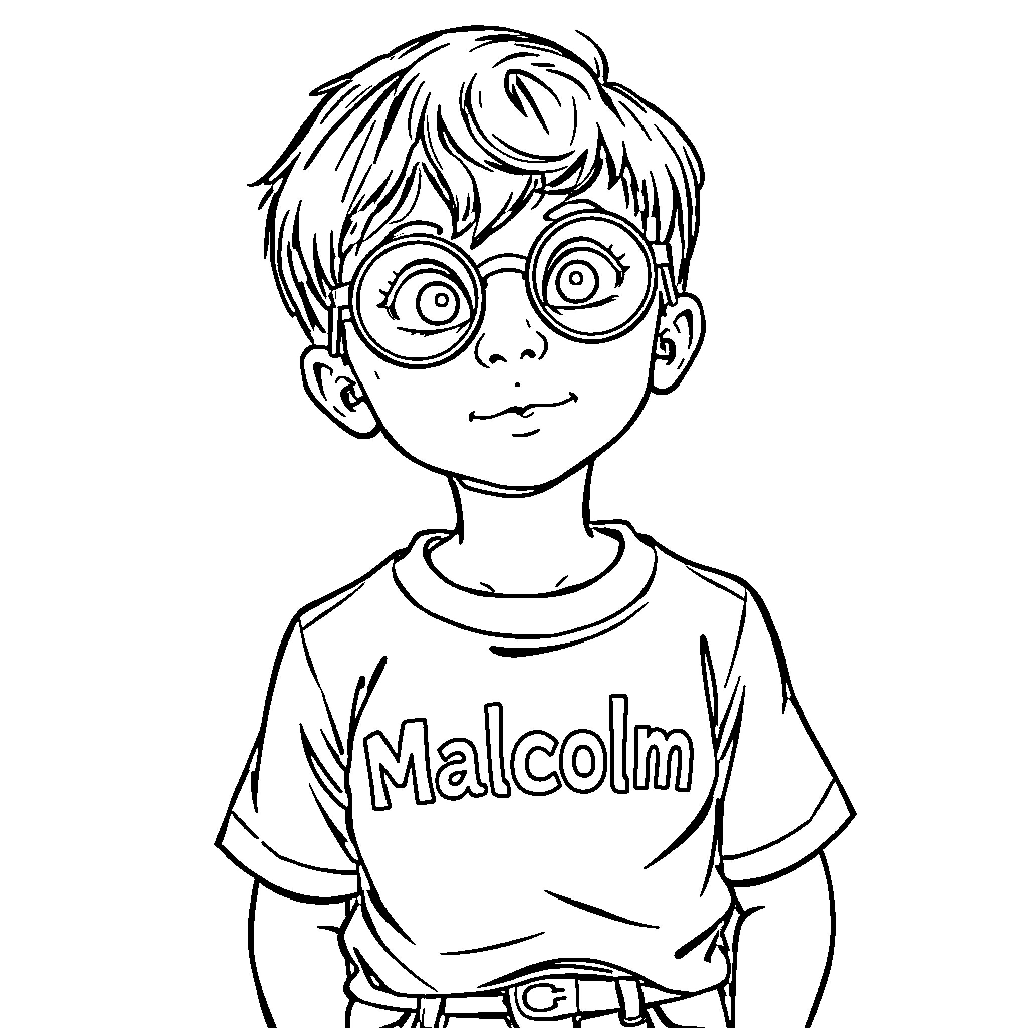 Boy with glasses in Malcolm t-shirt Coloring Page (free black-and-white line drawing printable PDF for all, from beginners to advanced learners, including children, teens, adults, and seniors)