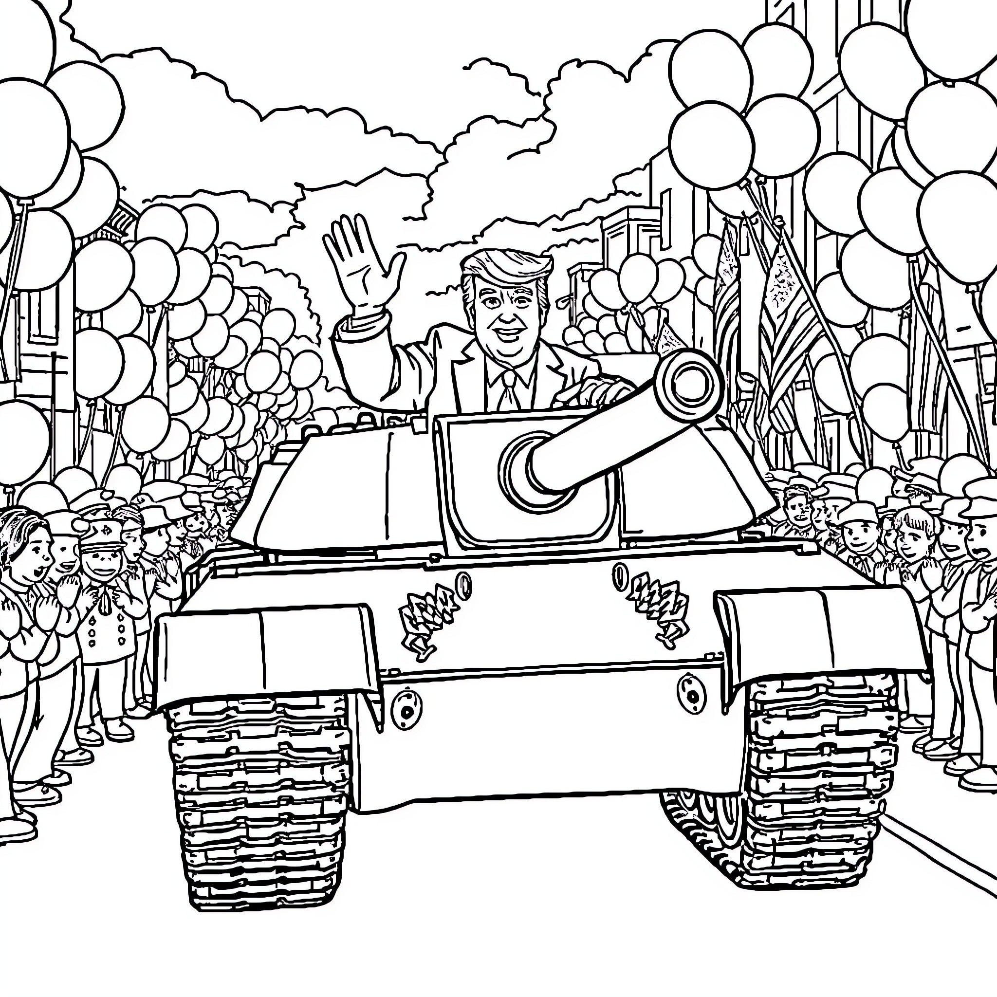 Donald Trump Waving from a Military Tank Coloring Page (free black-and-white line drawing printable PDF for all, from beginners to advanced learners, including children, teens, adults, and seniors)