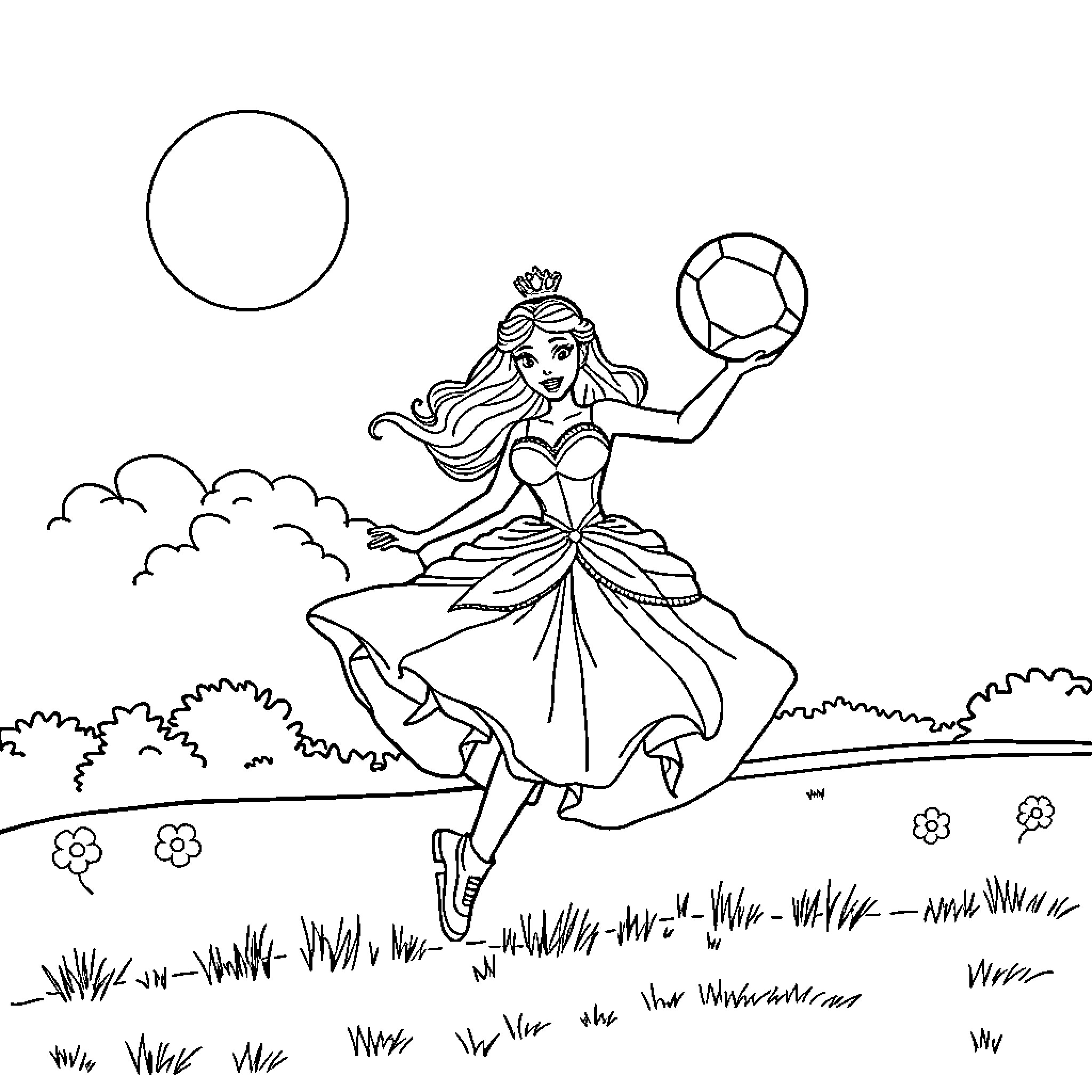 Princess dancing gracefully in a meadow Coloring Page (free black-and-white line drawing printable PDF for all, from beginners to advanced learners, including children, teens, adults, and seniors)
