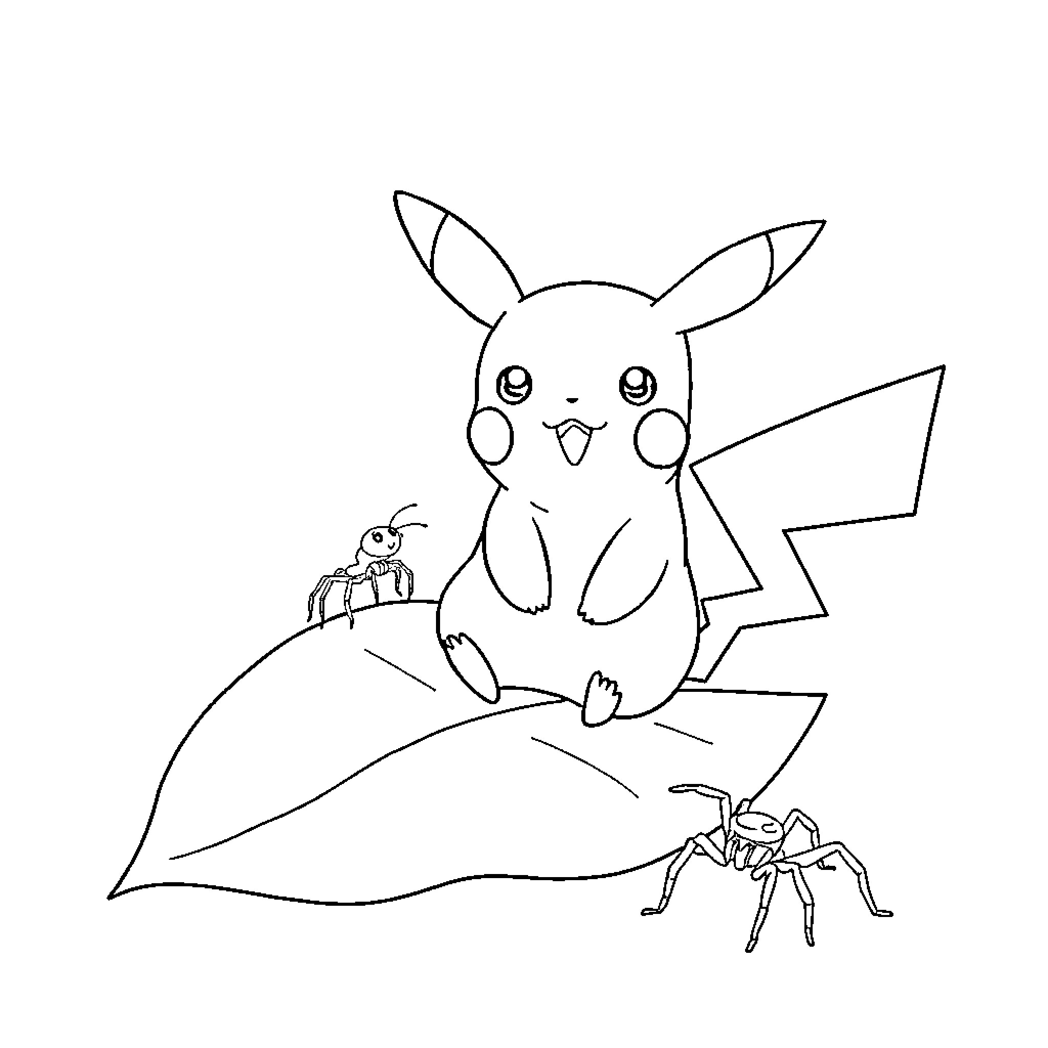 Pikachu Interacts with Tiny Creatures in Nature Coloring Page (free black-and-white line drawing printable PDF for all, from beginners to advanced learners, including children, teens, adults, and seniors)