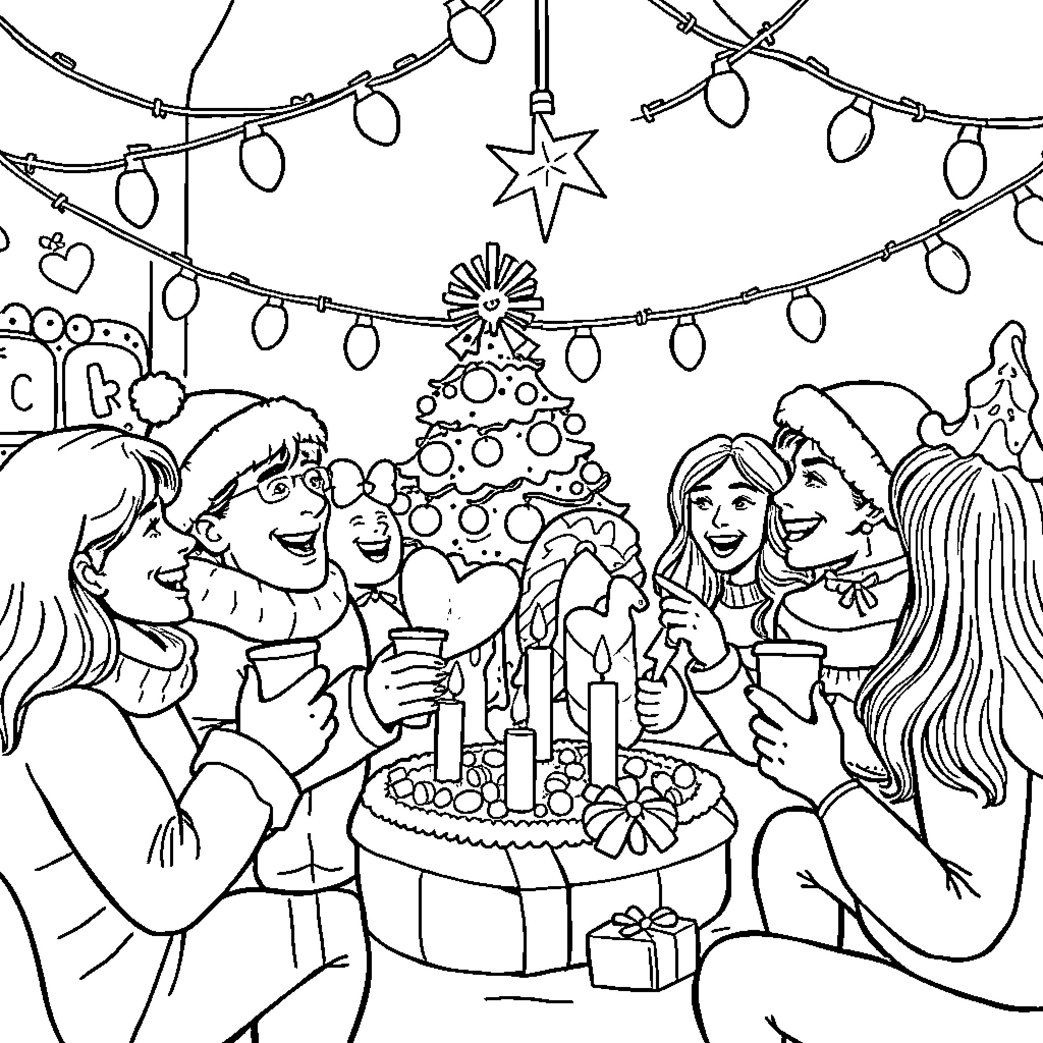 Stoner friends celebrate Christmas together Coloring Page (free black-and-white line drawing printable PDF for all, from beginners to advanced learners, including children, teens, adults, and seniors)