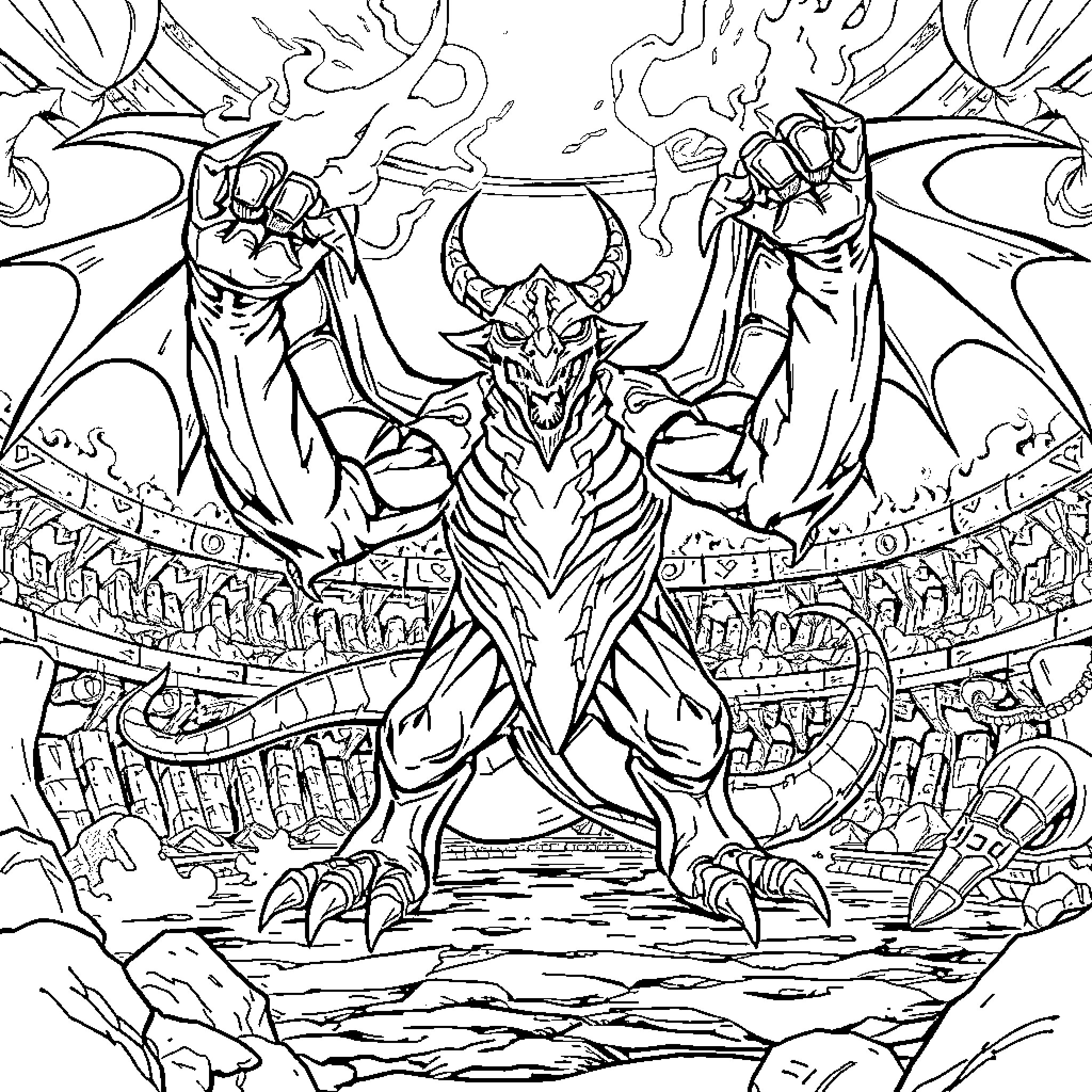 Exodia, the Forbidden One - Summoned Amidst Destruction Coloring Page (free black-and-white line drawing printable PDF for all, from beginners to advanced learners, including children, teens, adults, and seniors)