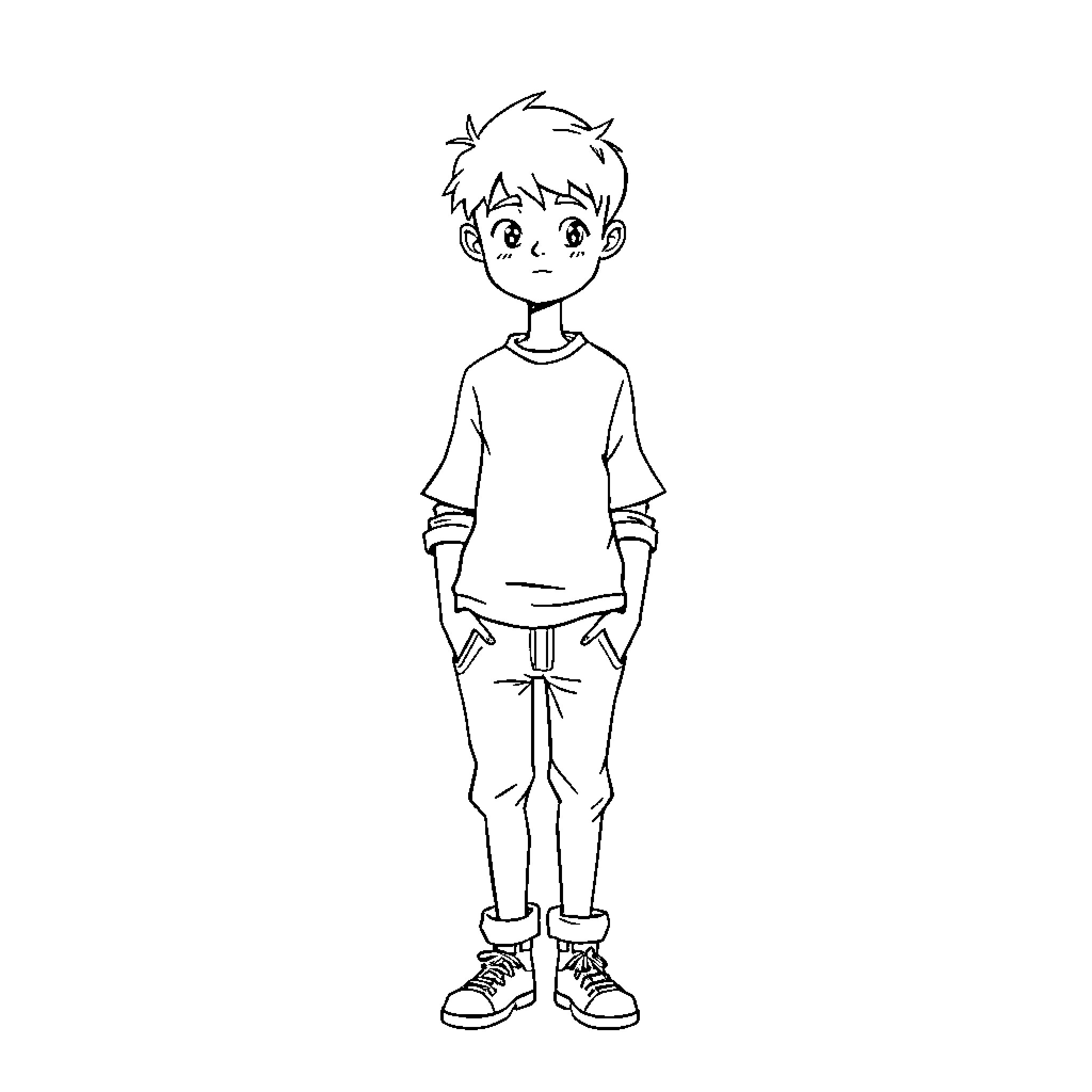 Boy smiling happily in casual outfit Coloring Page (free black-and-white line drawing printable PDF for all, from beginners to advanced learners, including children, teens, adults, and seniors)