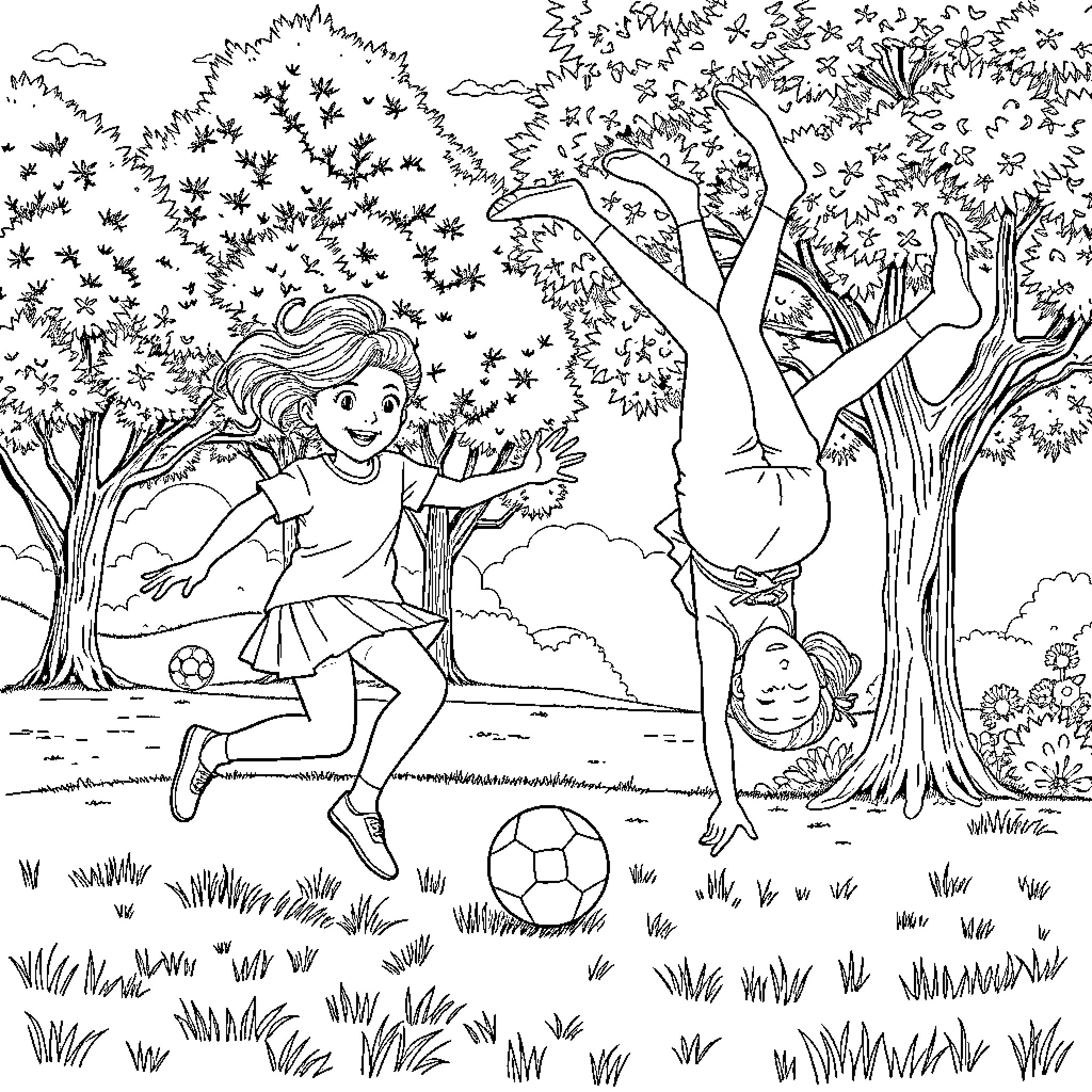 Girl playing soccer with friend in lively park Coloring Page (free black-and-white line drawing printable PDF for all, from beginners to advanced learners, including children, teens, adults, and seniors)