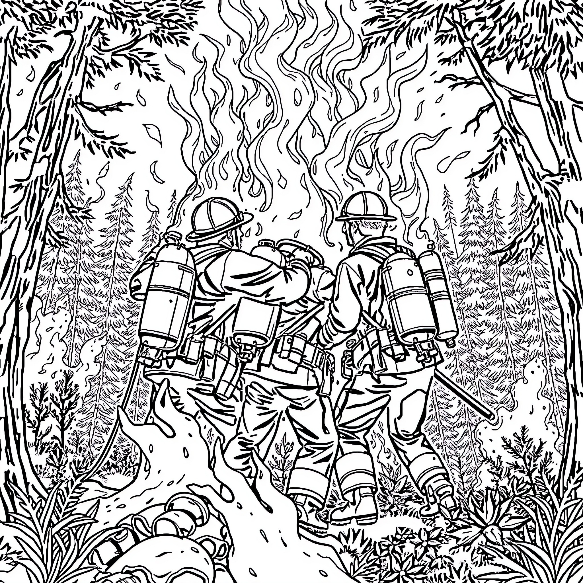 Firefighters battling a blaze in the forest Coloring Page (free black-and-white line drawing printable PDF for all, from beginners to advanced learners, including children, teens, adults, and seniors)
