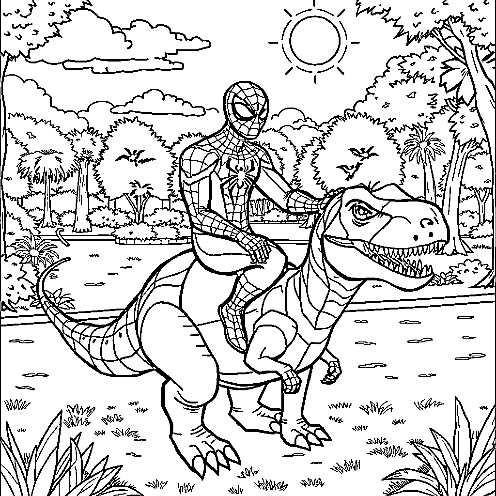 Spider-Man riding on a dinosaur in a tropical setting Coloring Page (free black-and-white line drawing printable PDF for all, from beginners to advanced learners, including children, teens, adults, and seniors)