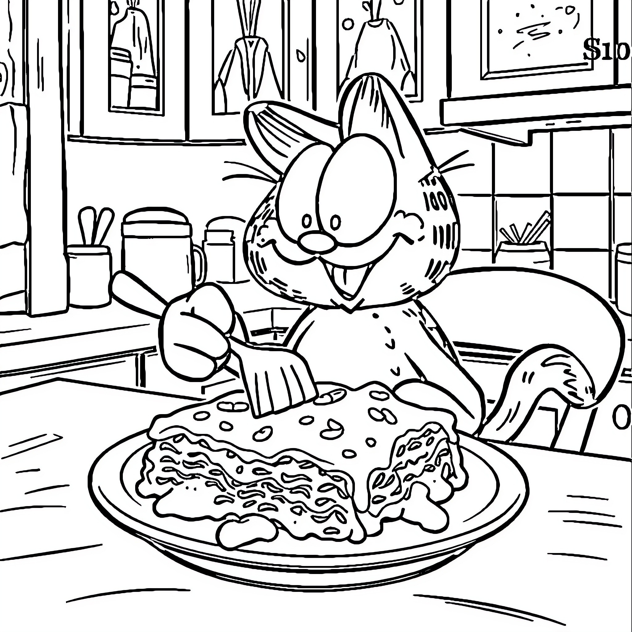 Garfield enjoying a hearty meal in the kitchen Coloring Page (free black-and-white line drawing printable PDF for all, from beginners to advanced learners, including children, teens, adults, and seniors)