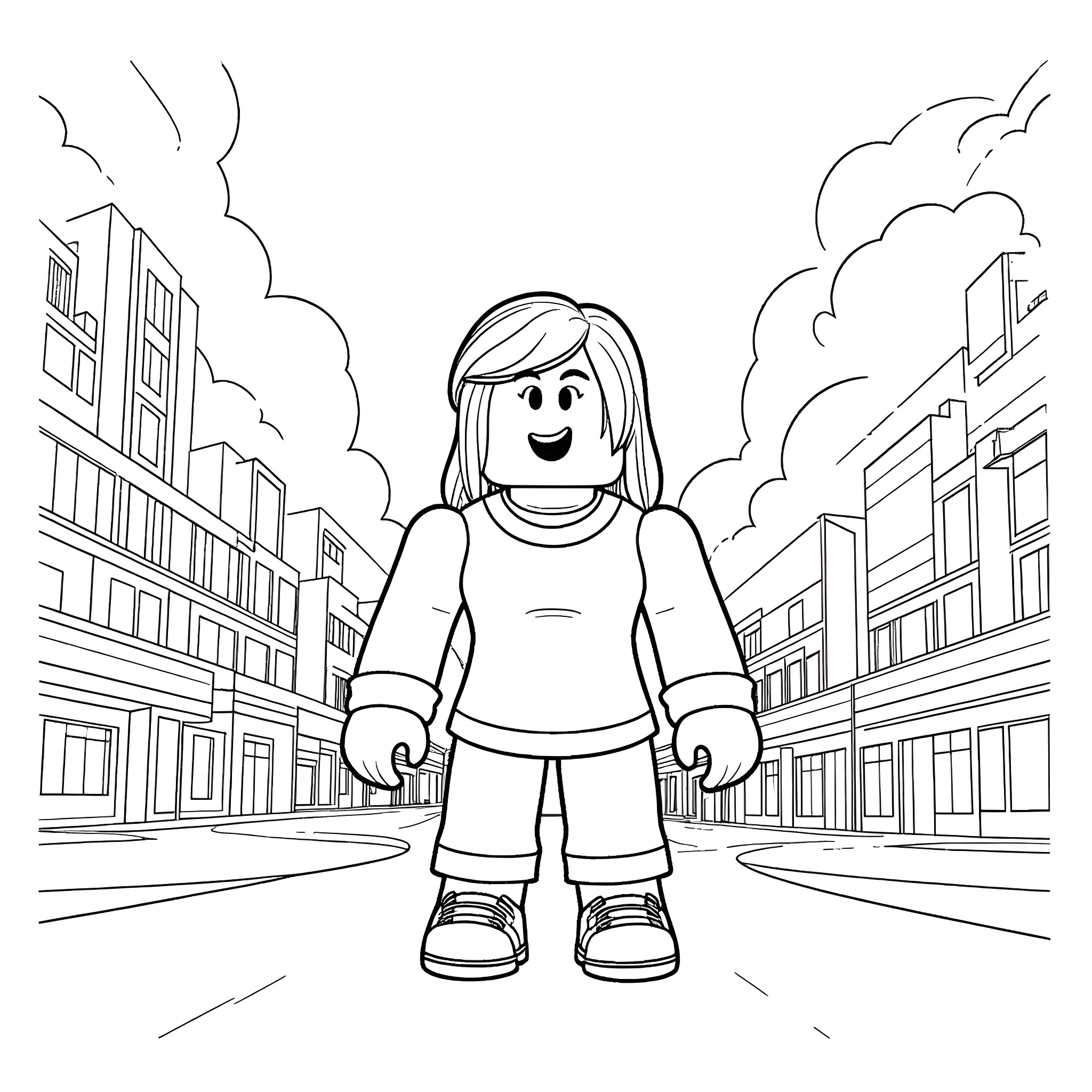 Roblox avatar exploring the city streets Coloring Page (free black-and-white line drawing printable PDF for all, from beginners to advanced learners, including children, teens, adults, and seniors)