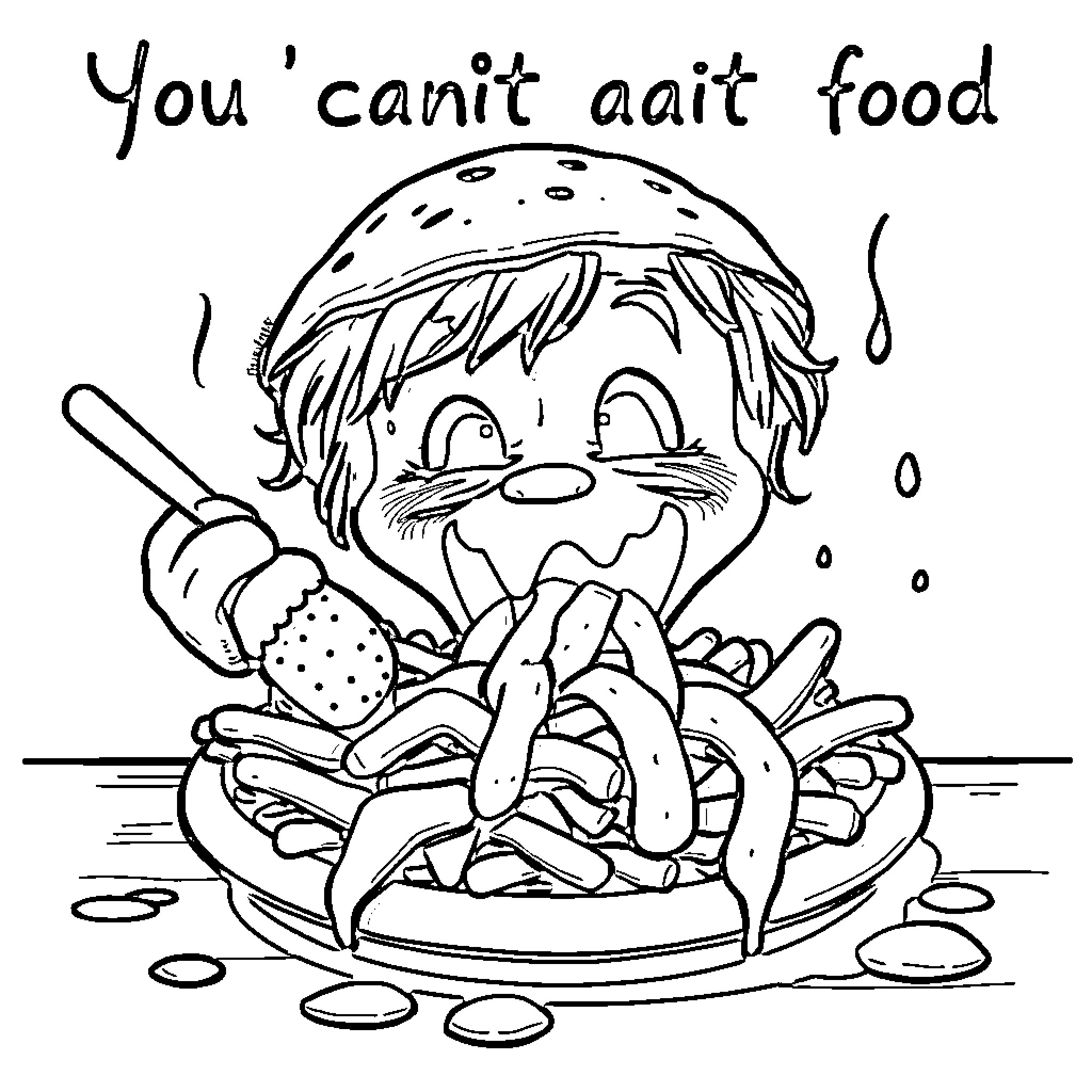 Food craving expressed through cartoon imagery Coloring Page (free black-and-white line drawing printable PDF for all, from beginners to advanced learners, including children, teens, adults, and seniors)