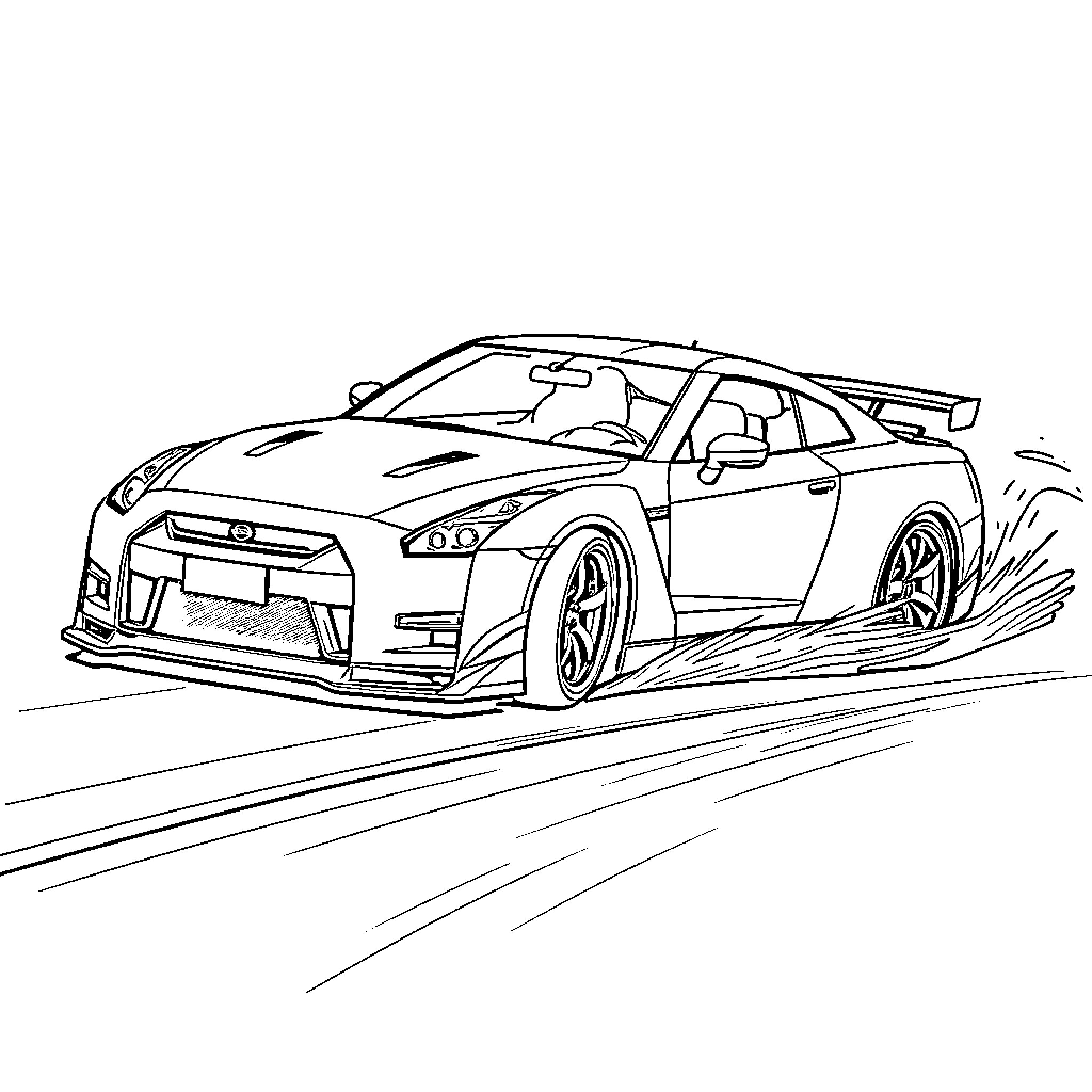 Nissan GTR34 speeding on the racetrack Coloring Page (free black-and-white line drawing printable PDF for all, from beginners to advanced learners, including children, teens, adults, and seniors)