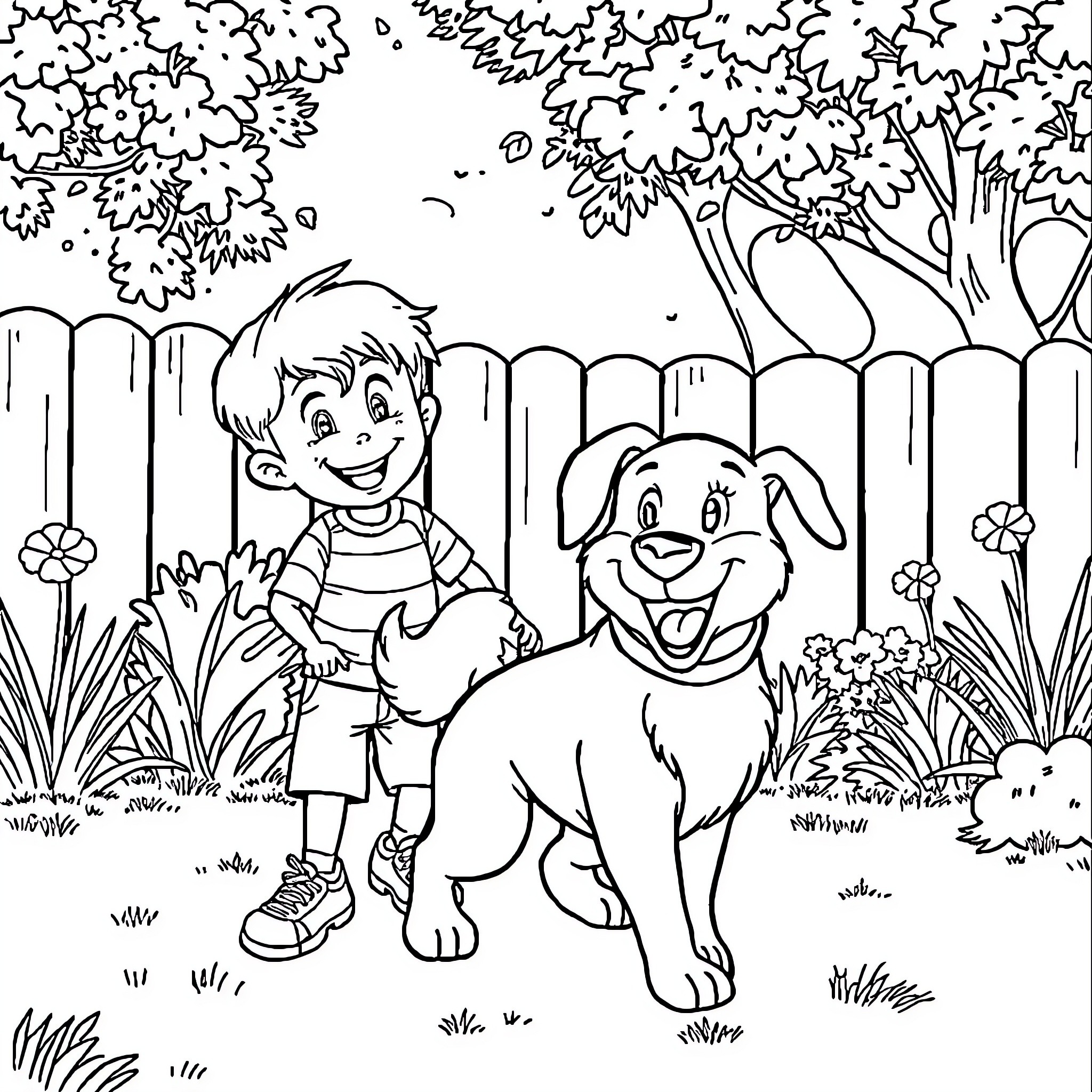 Dog and Boy Playing in the Backyard Coloring Page (free black-and-white line drawing printable PDF for all, from beginners to advanced learners, including children, teens, adults, and seniors)