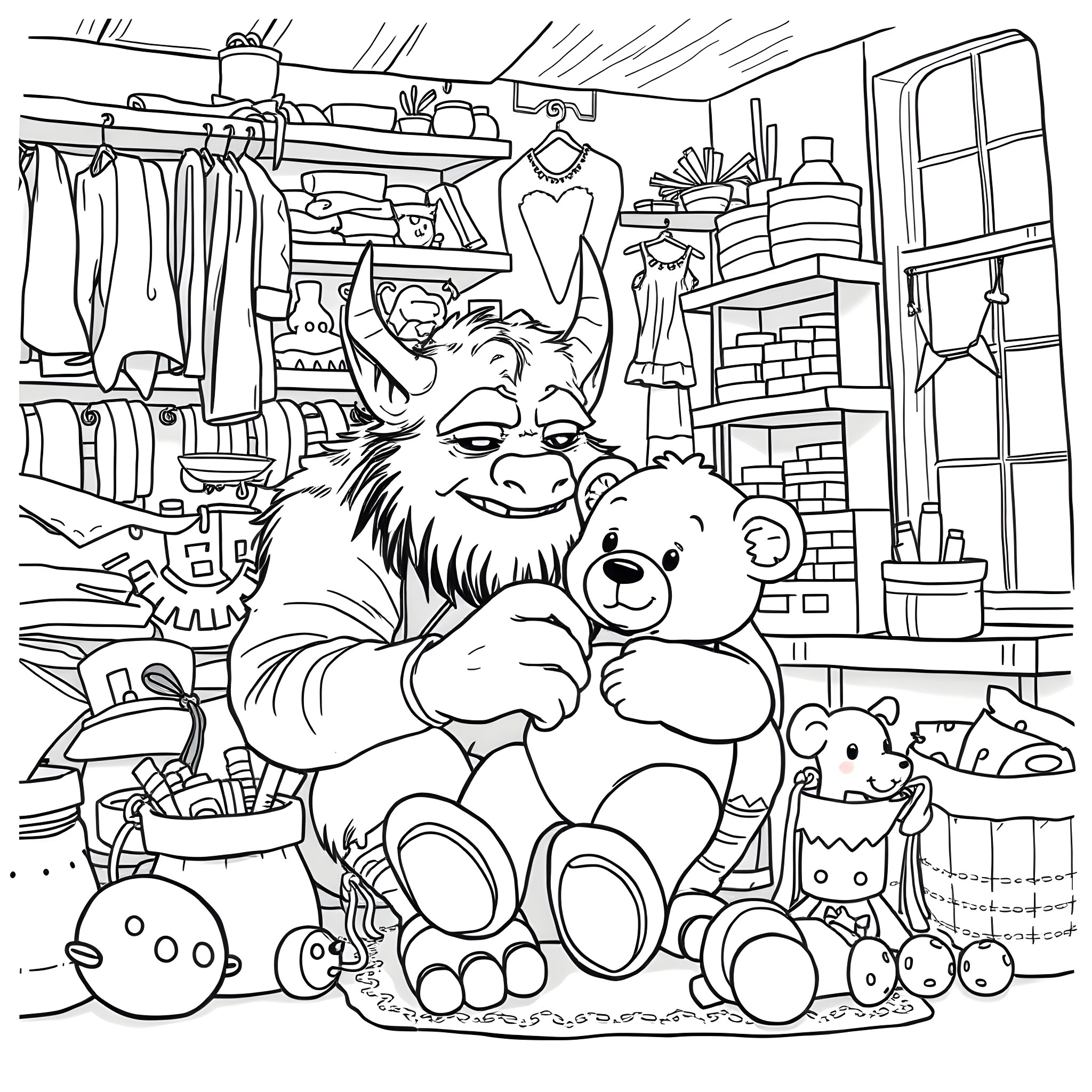 Orc and Teddy Bears in Cluttered Room Coloring Page (free black-and-white line drawing printable PDF for all, from beginners to advanced learners, including children, teens, adults, and seniors)
