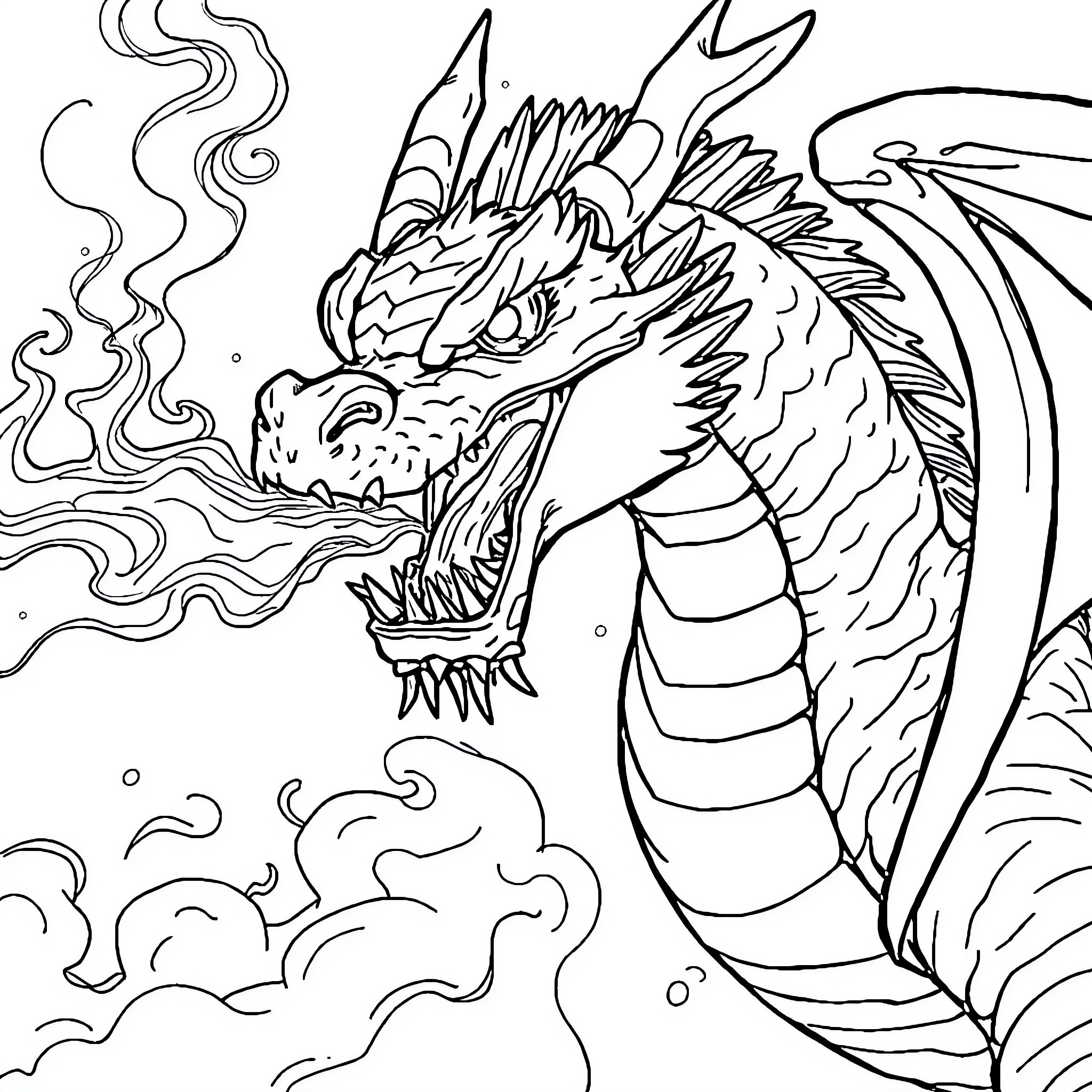 Dragon breathing fire in the sky Coloring Page (free black-and-white line drawing printable PDF for all, from beginners to advanced learners, including children, teens, adults, and seniors)