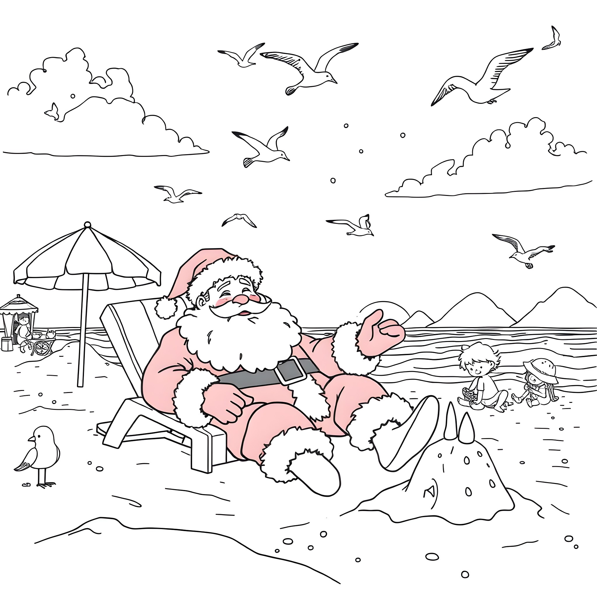 Santa Claus relaxing on the beach with seagulls Coloring Page (free black-and-white line drawing printable PDF for all, from beginners to advanced learners, including children, teens, adults, and seniors)