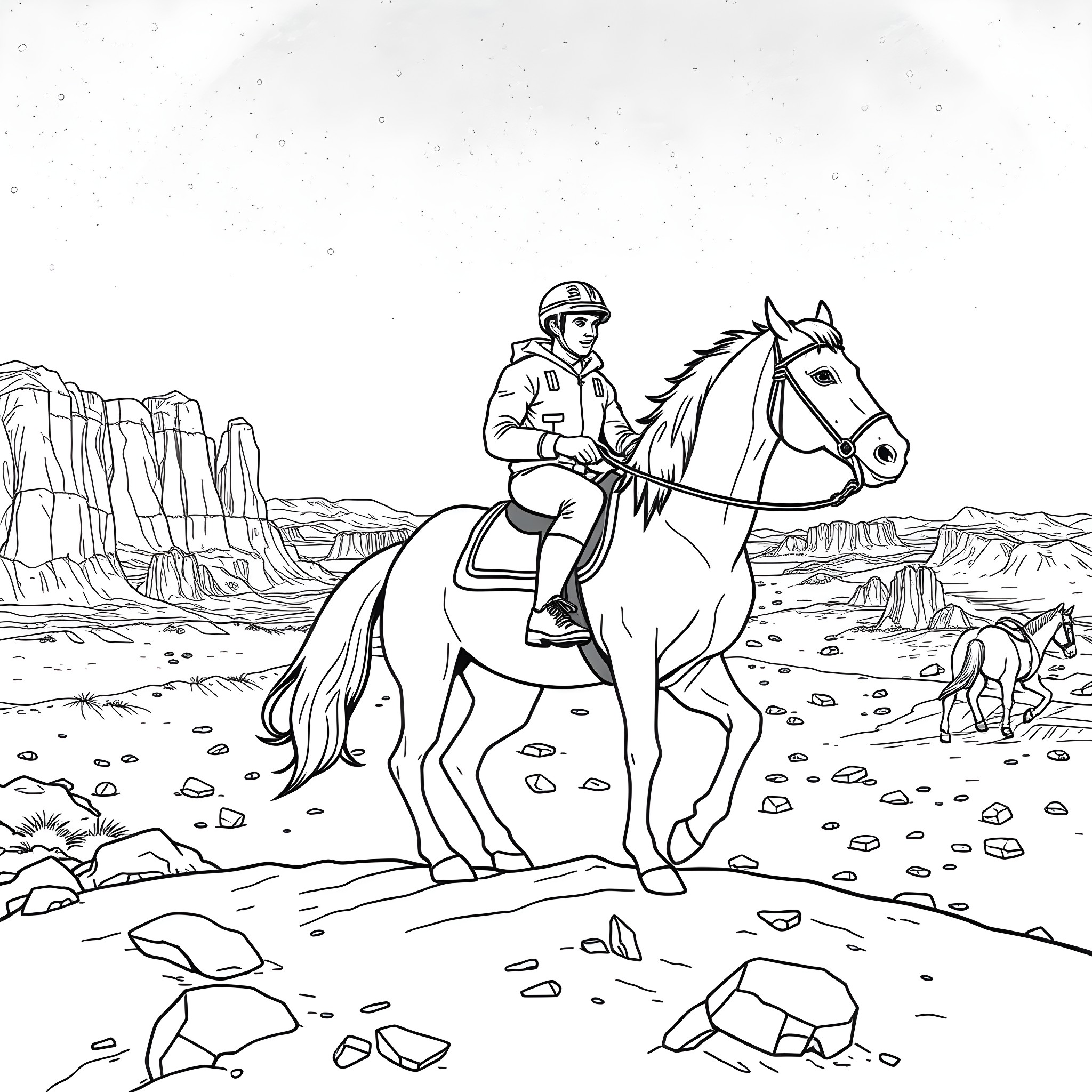 Sidney Crosby riding a horse in the desert Coloring Page (free black-and-white line drawing printable PDF for all, from beginners to advanced learners, including children, teens, adults, and seniors)