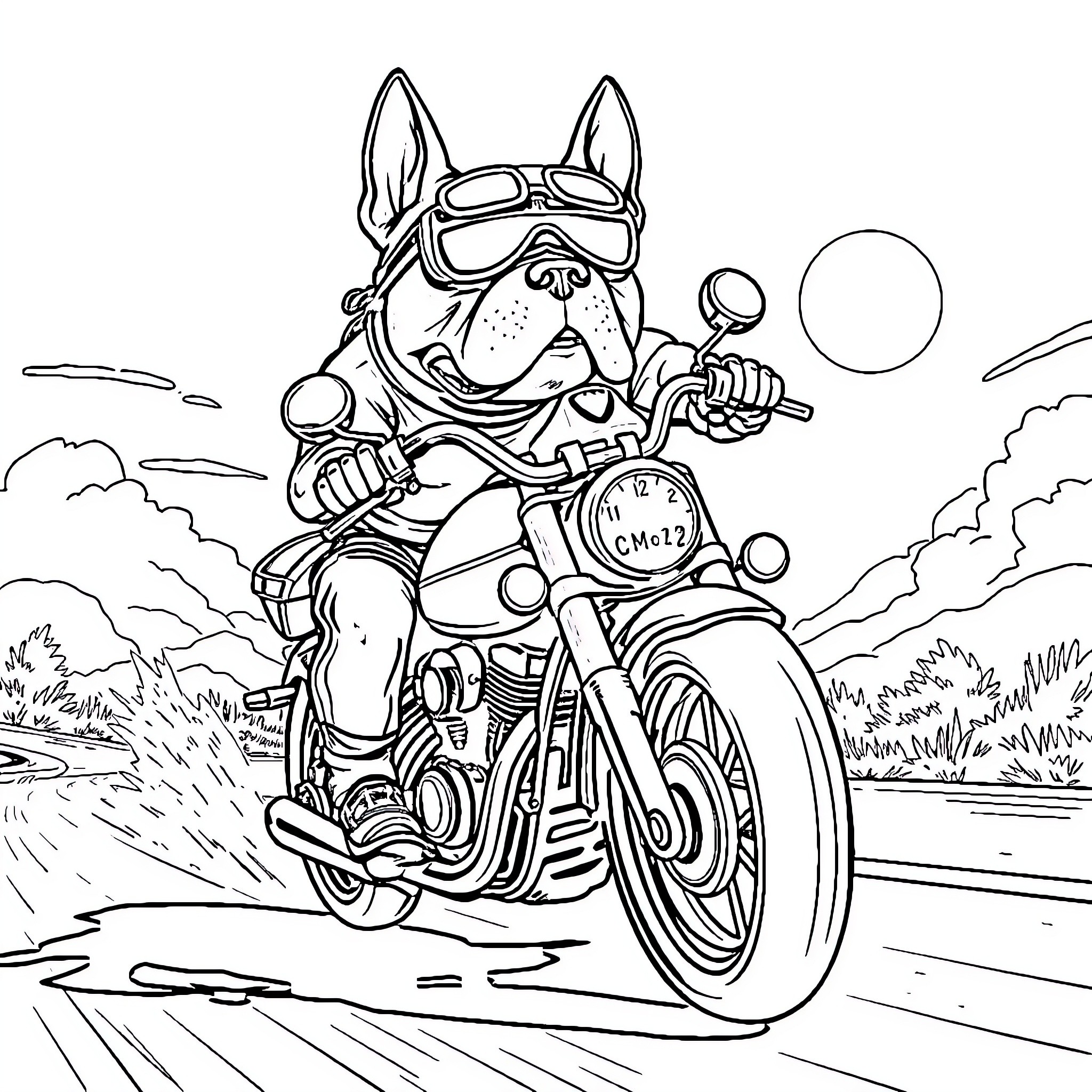 Pitbull riding a motorcycle on a scenic road Coloring Page (free black-and-white line drawing printable PDF for all, from beginners to advanced learners, including children, teens, adults, and seniors)