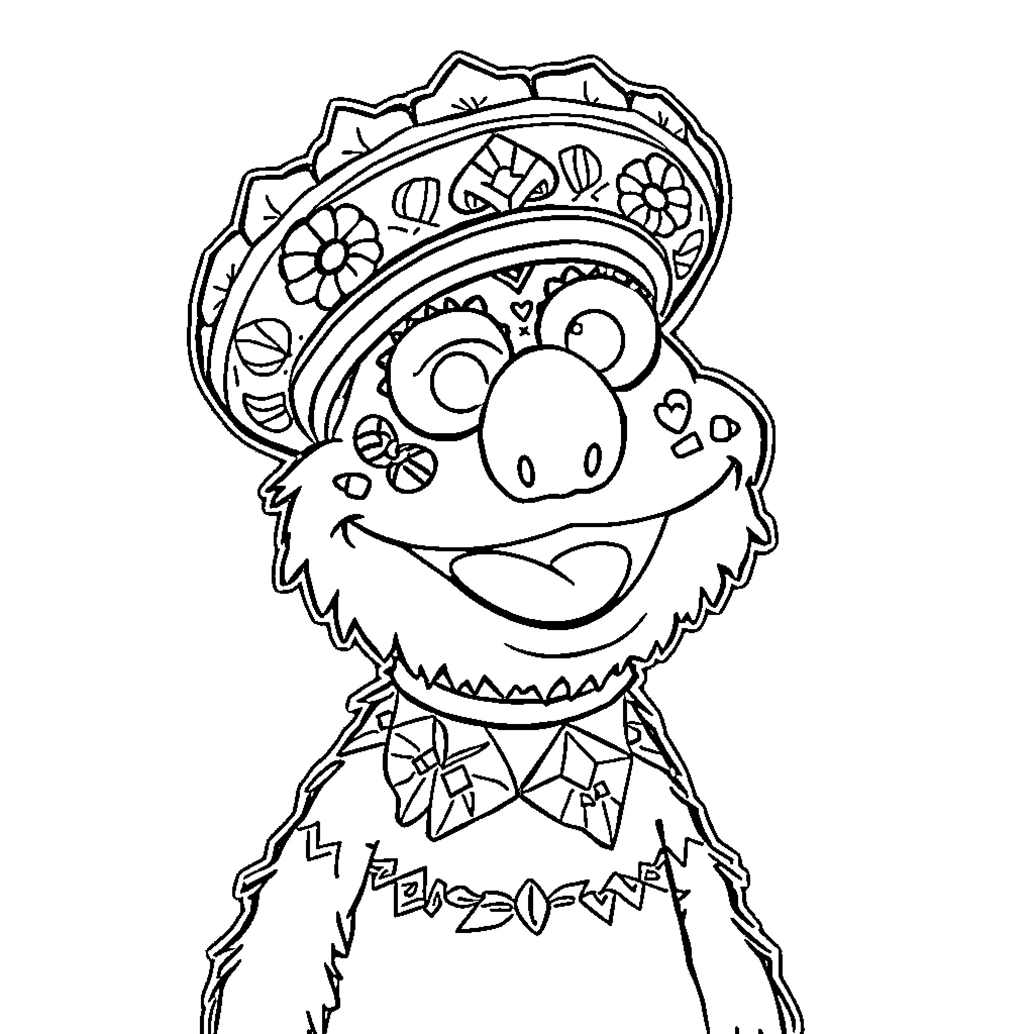 Elmo wearing decorative outfit with flowers Coloring Page (free black-and-white line drawing printable PDF for all, from beginners to advanced learners, including children, teens, adults, and seniors)