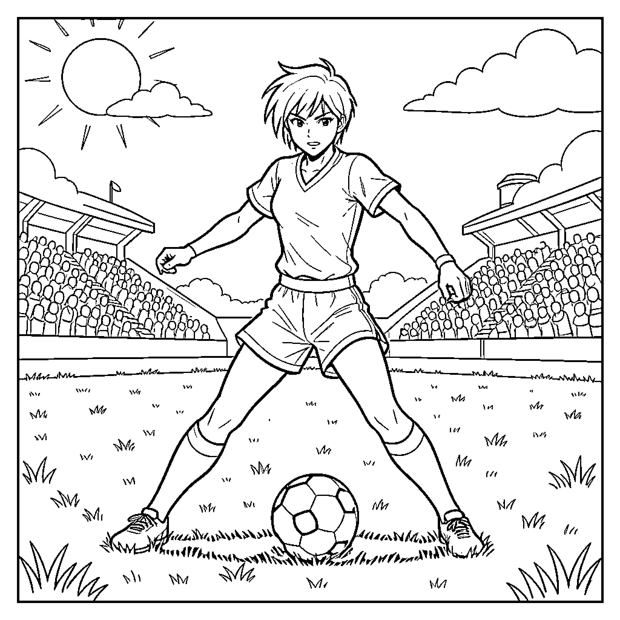 Chun Li playing soccer on the field Coloring Page (free black-and-white line drawing printable PDF for all, from beginners to advanced learners, including children, teens, adults, and seniors)