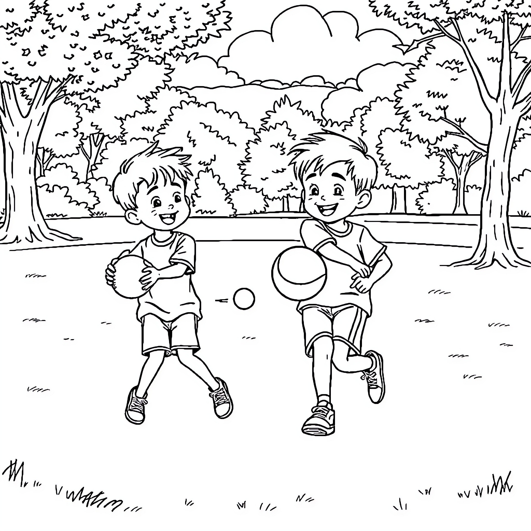 Boys playing ball in the park Coloring Page (free black-and-white line drawing printable PDF for all, from beginners to advanced learners, including children, teens, adults, and seniors)