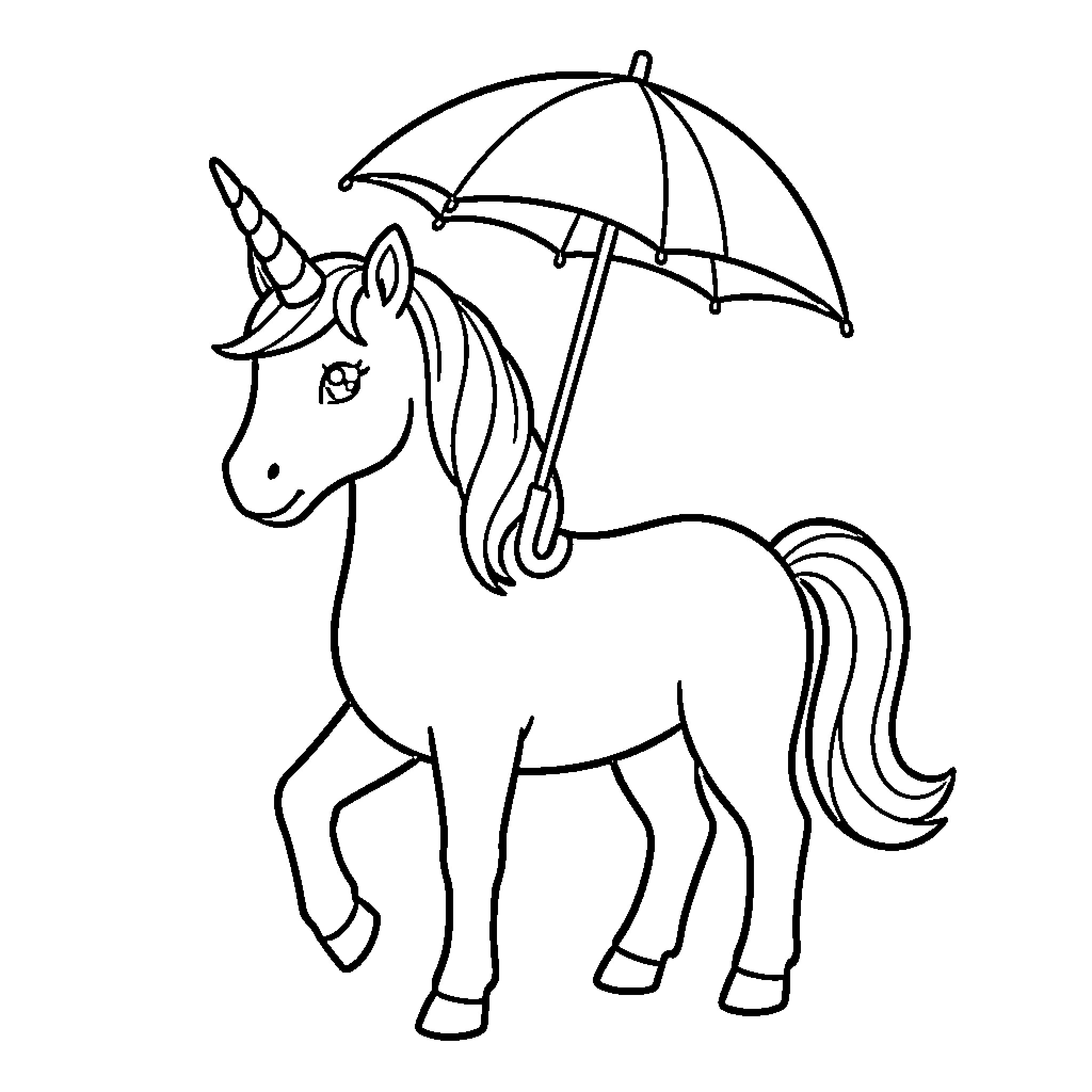 Unicorn standing peacefully under a large umbrella Coloring Page (free black-and-white line drawing printable PDF for all, from beginners to advanced learners, including children, teens, adults, and seniors)