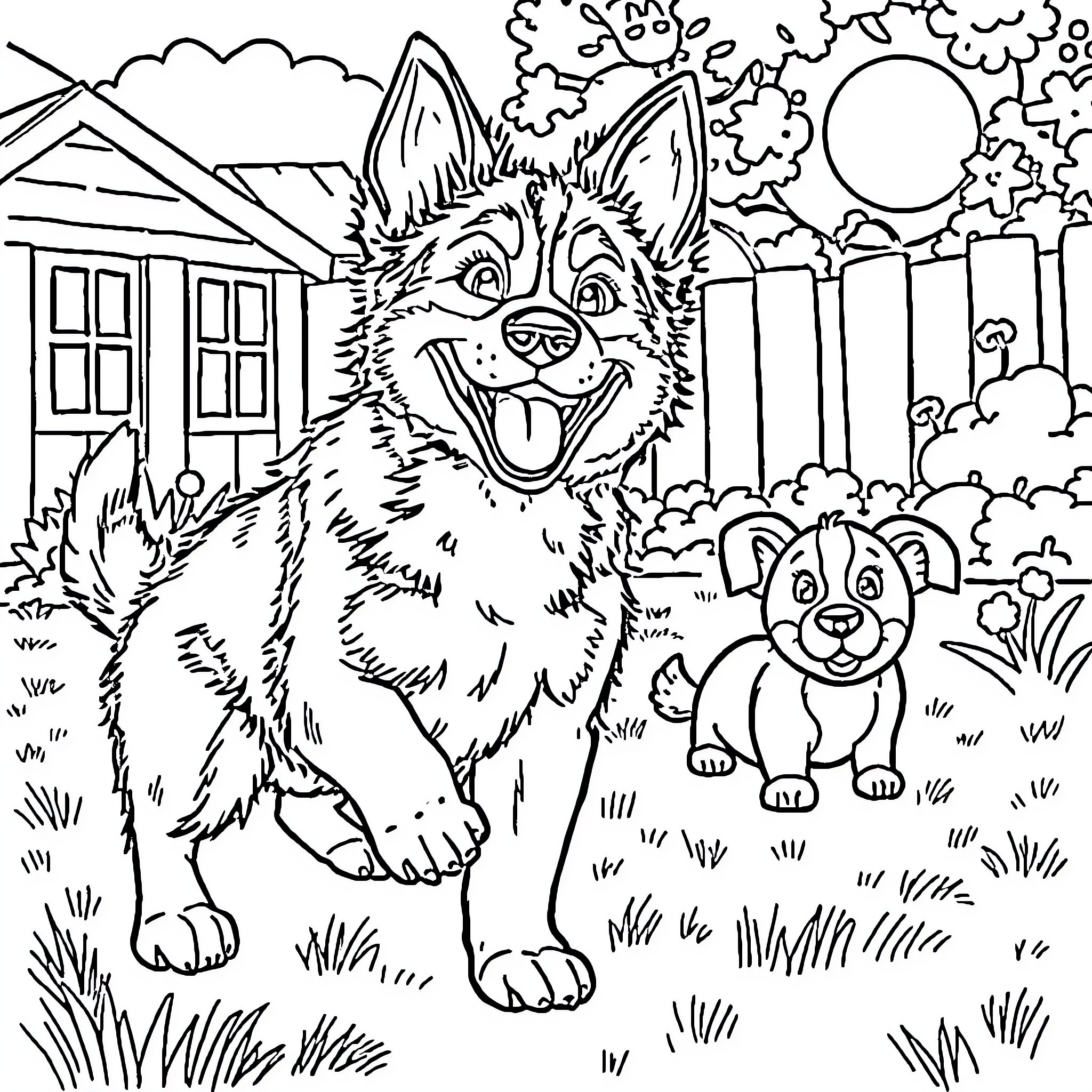 Bluey and Bingo explore the neighborhood Coloring Page (free black-and-white line drawing printable PDF for all, from beginners to advanced learners, including children, teens, adults, and seniors)