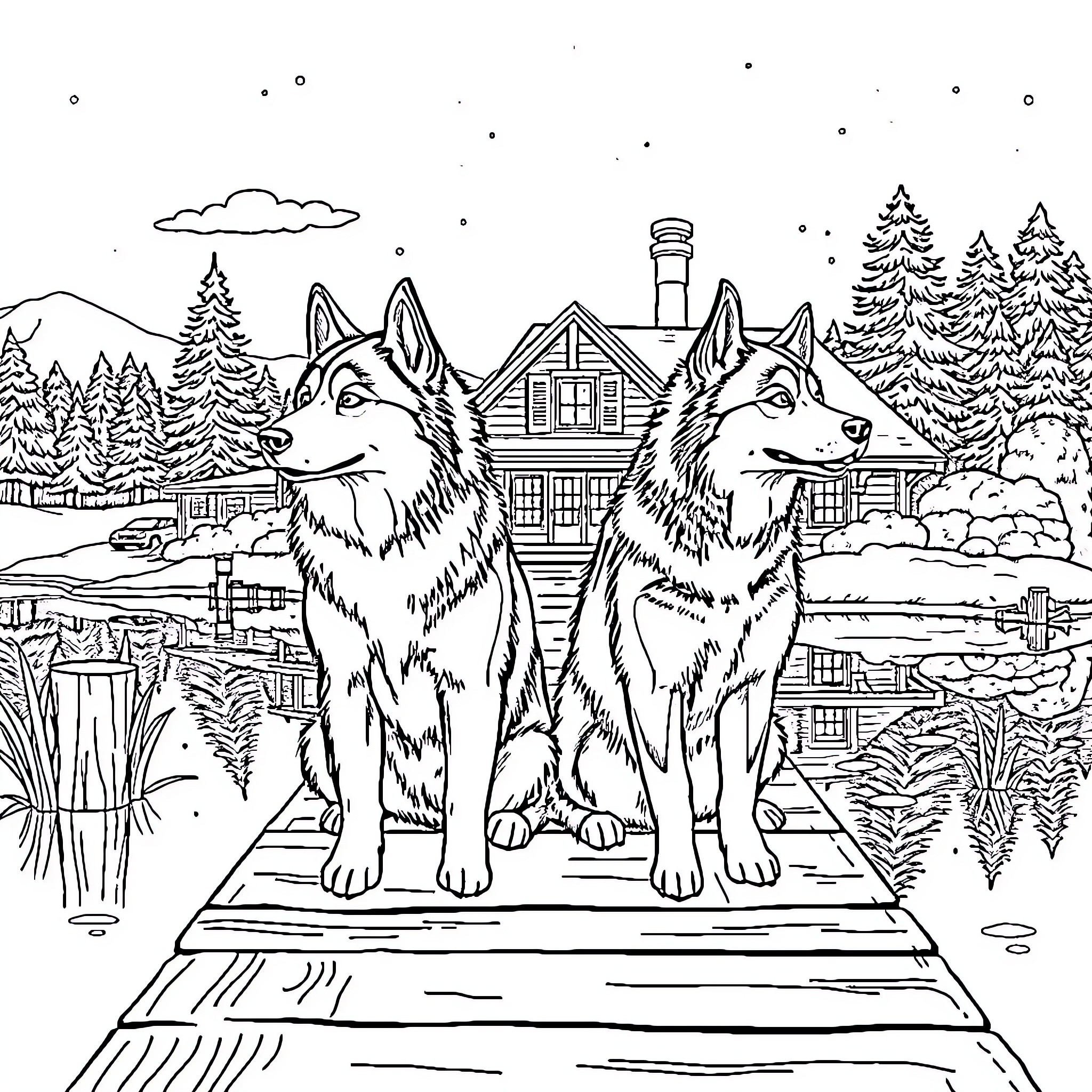 Huskies guarding a peaceful winter cabin Coloring Page (free black-and-white line drawing printable PDF for all, from beginners to advanced learners, including children, teens, adults, and seniors)