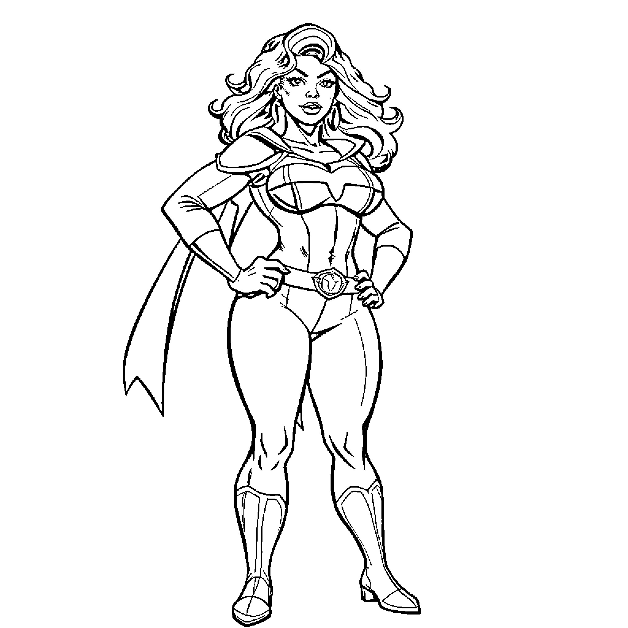 Superhero woman in heroic stance Coloring Page (free black-and-white line drawing printable PDF for all, from beginners to advanced learners, including children, teens, adults, and seniors)