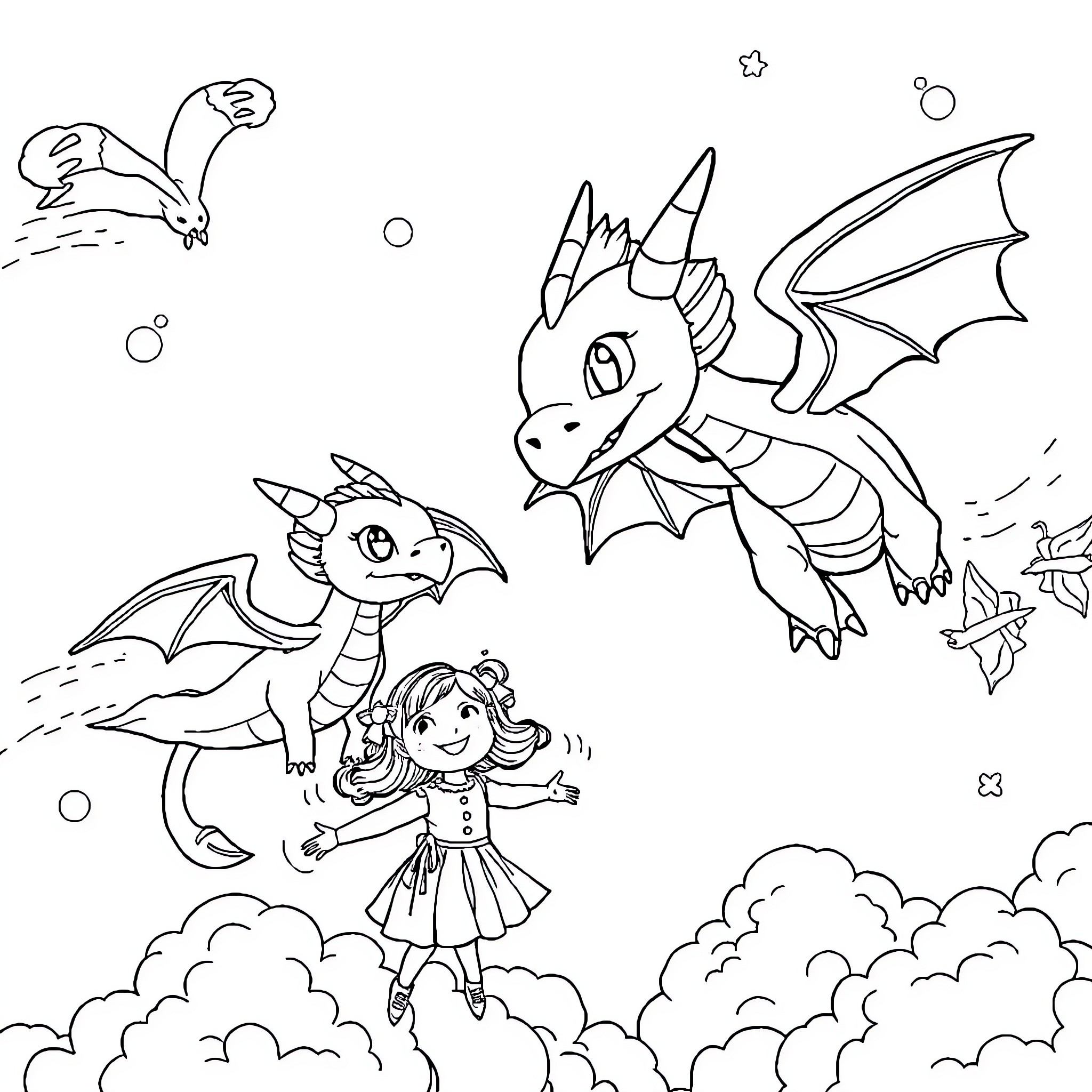 Dragon-like creatures flying with a young girl in the sky Coloring Page (free black-and-white line drawing printable PDF for all, from beginners to advanced learners, including children, teens, adults, and seniors)