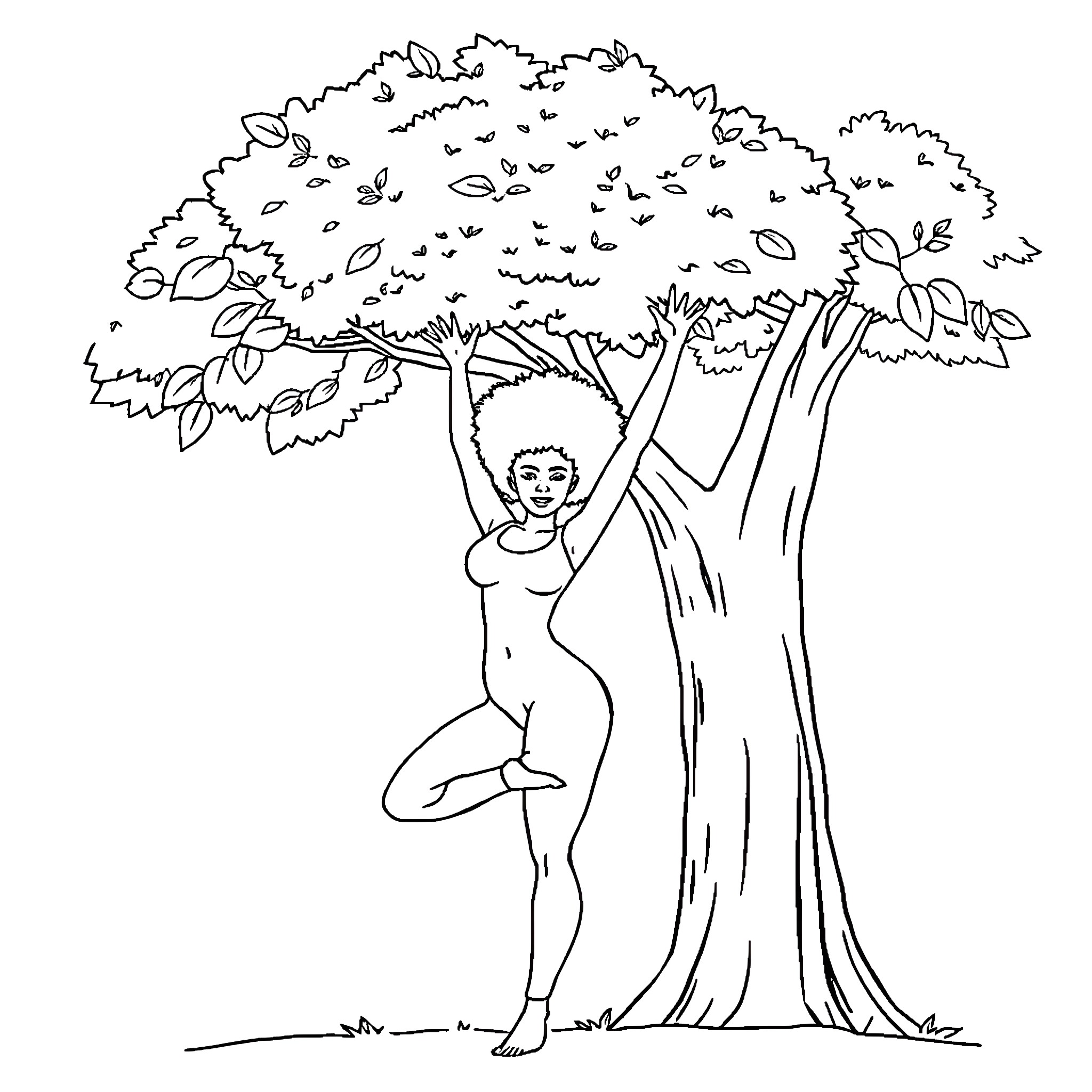 Woman stretching in nature under a tree Coloring Page (free black-and-white line drawing printable PDF for all, from beginners to advanced learners, including children, teens, adults, and seniors)