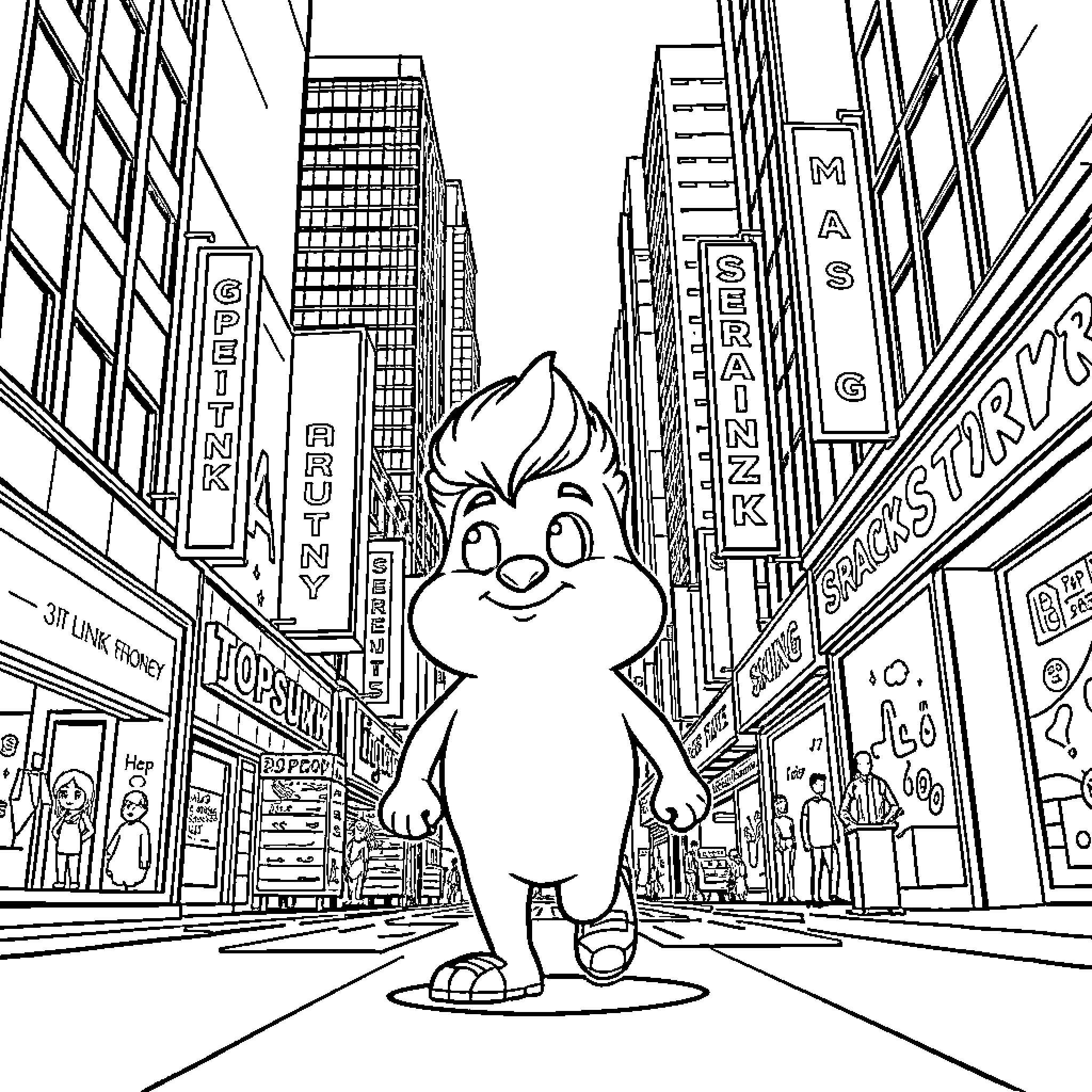 Sprunki explores the bustling city streets Coloring Page (free black-and-white line drawing printable PDF for all, from beginners to advanced learners, including children, teens, adults, and seniors)