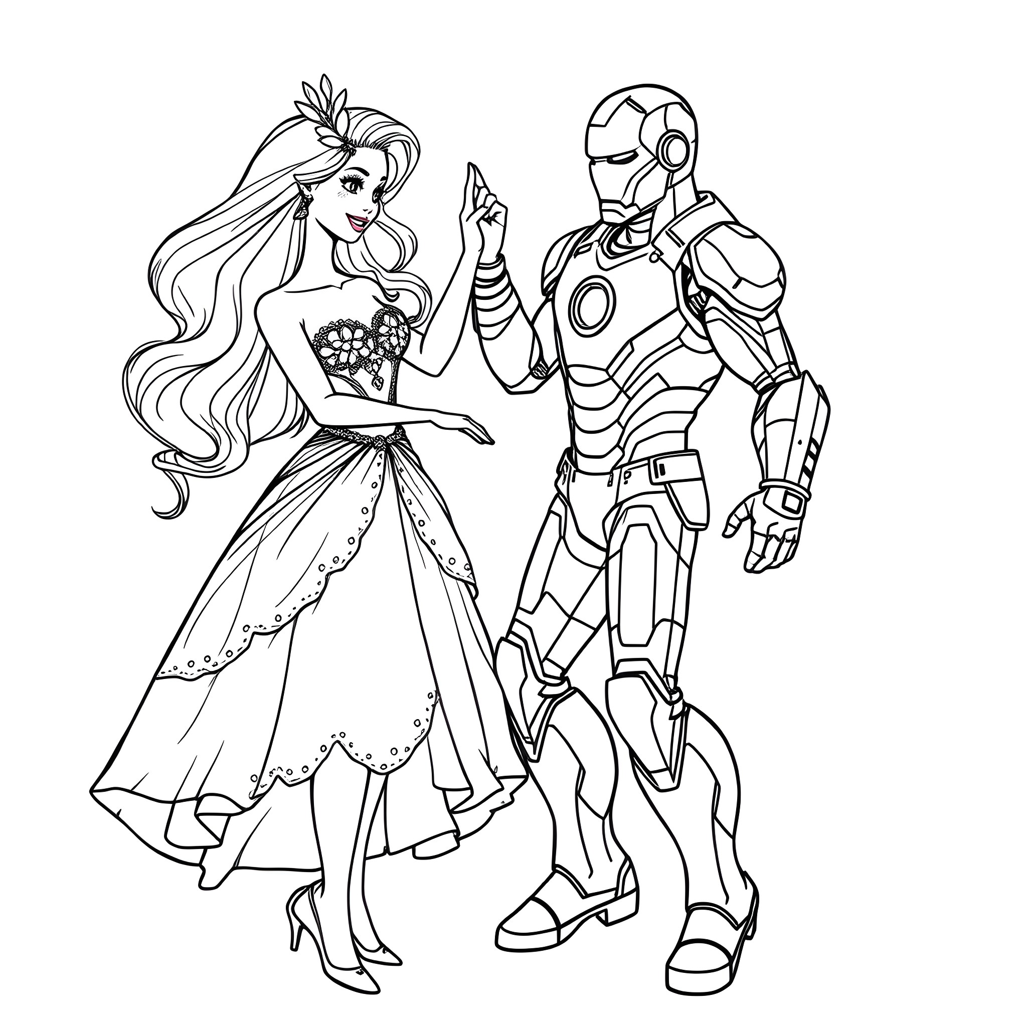 Barbie and Iron Man in a festive scene Coloring Page (free black-and-white line drawing printable PDF for all, from beginners to advanced learners, including children, teens, adults, and seniors)