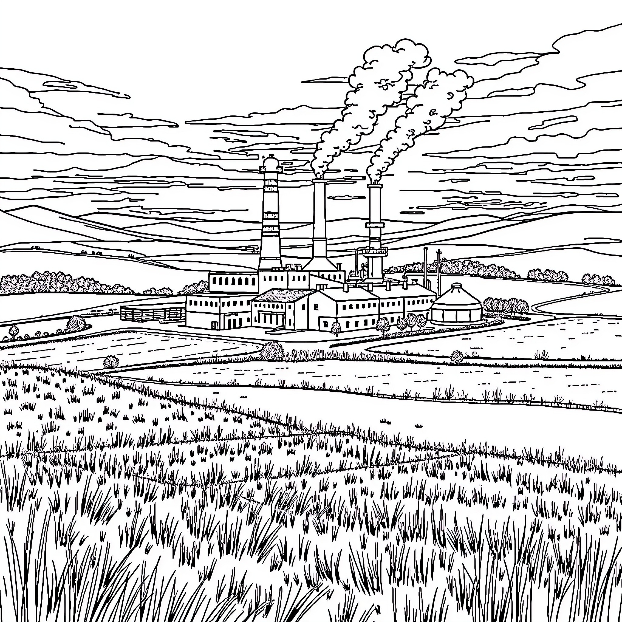 Whisky Distillery Producing Smoke Against Cloudy Sky Coloring Page (free black-and-white line drawing printable PDF for all, from beginners to advanced learners, including children, teens, adults, and seniors)