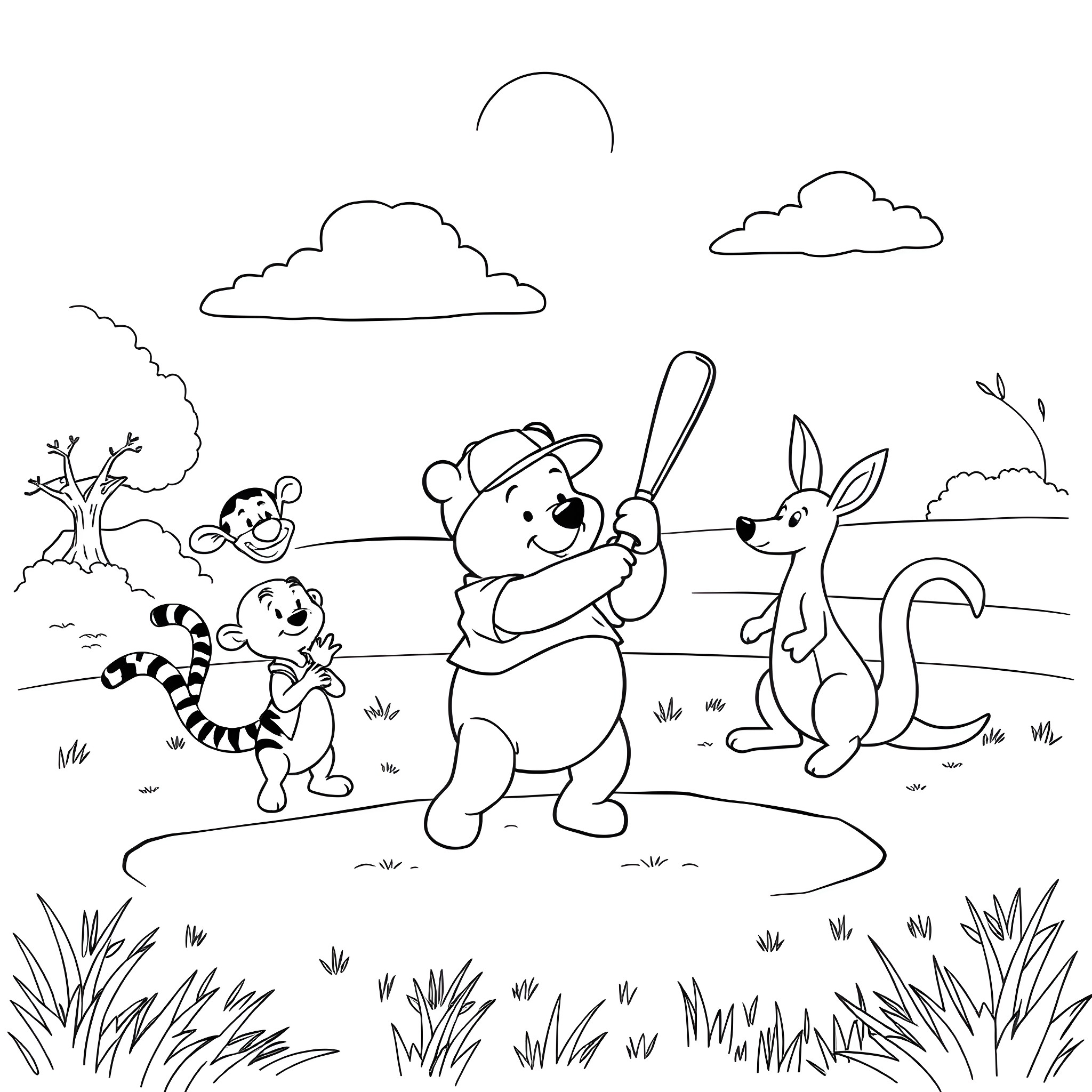 Winnie The Pooh and friends playing outdoors Coloring Page (free black-and-white line drawing printable PDF for all, from beginners to advanced learners, including children, teens, adults, and seniors)