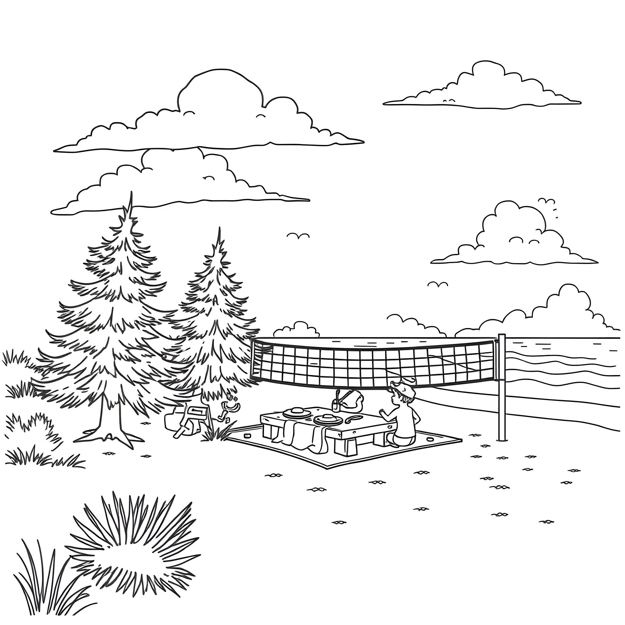 Pine trees and people playing volleyball on the beach Coloring Page (free black-and-white line drawing printable PDF for all, from beginners to advanced learners, including children, teens, adults, and seniors)