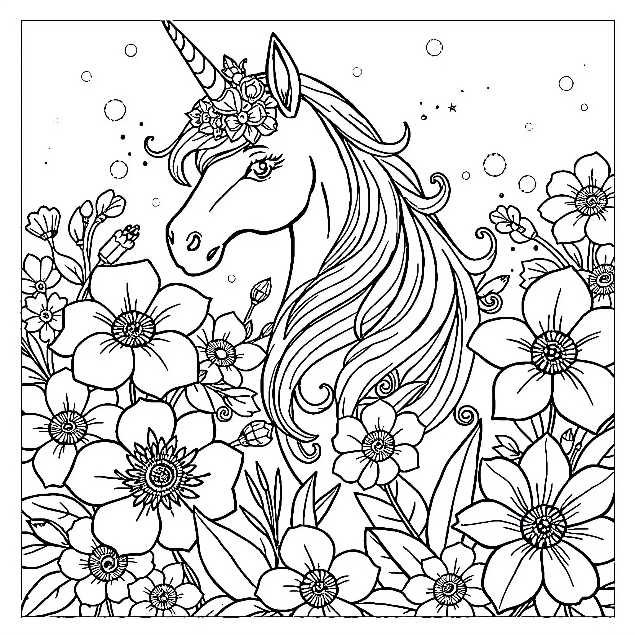 Unicorn surrounded by blooming flowers Coloring Page (free black-and-white line drawing printable PDF for all, from beginners to advanced learners, including children, teens, adults, and seniors)