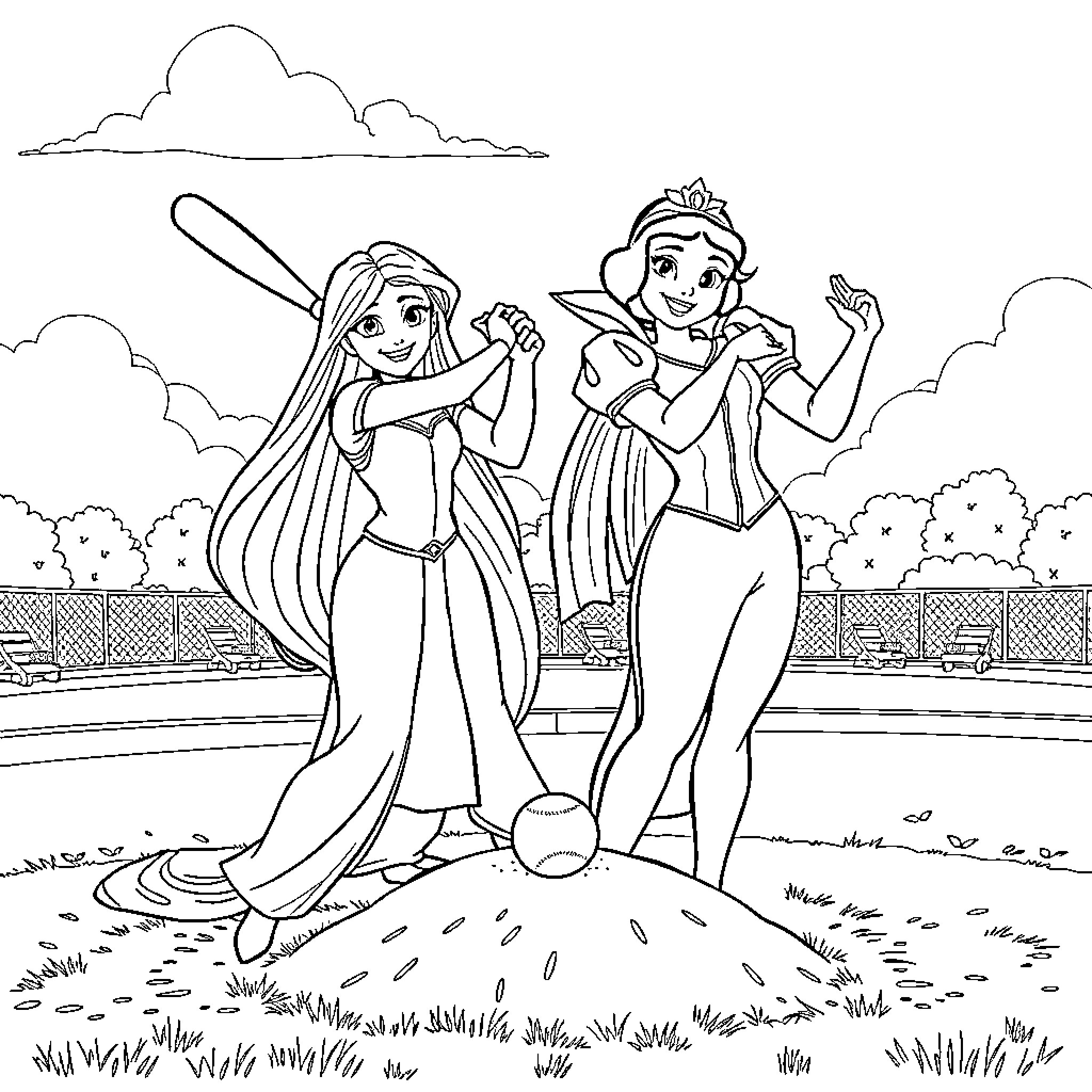 Rapunzel and Ariel playing outdoors together Coloring Page (free black-and-white line drawing printable PDF for all, from beginners to advanced learners, including children, teens, adults, and seniors)