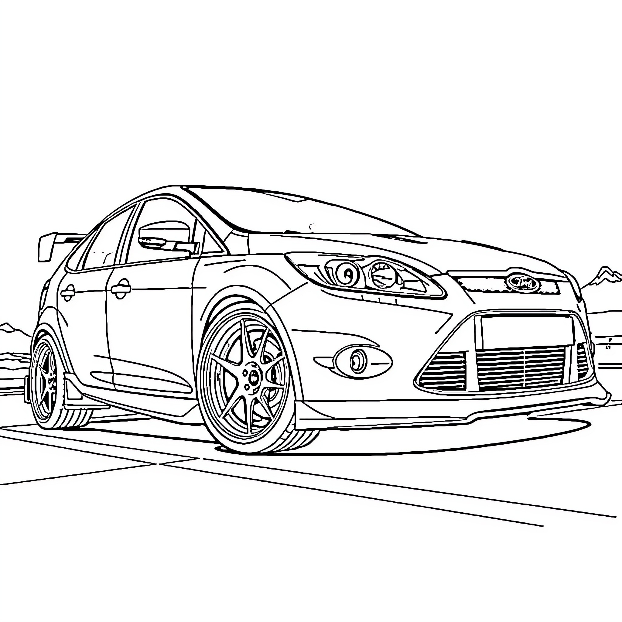Ford Focus speeding on the road Coloring Page (free black-and-white line drawing printable PDF for all, from beginners to advanced learners, including children, teens, adults, and seniors)