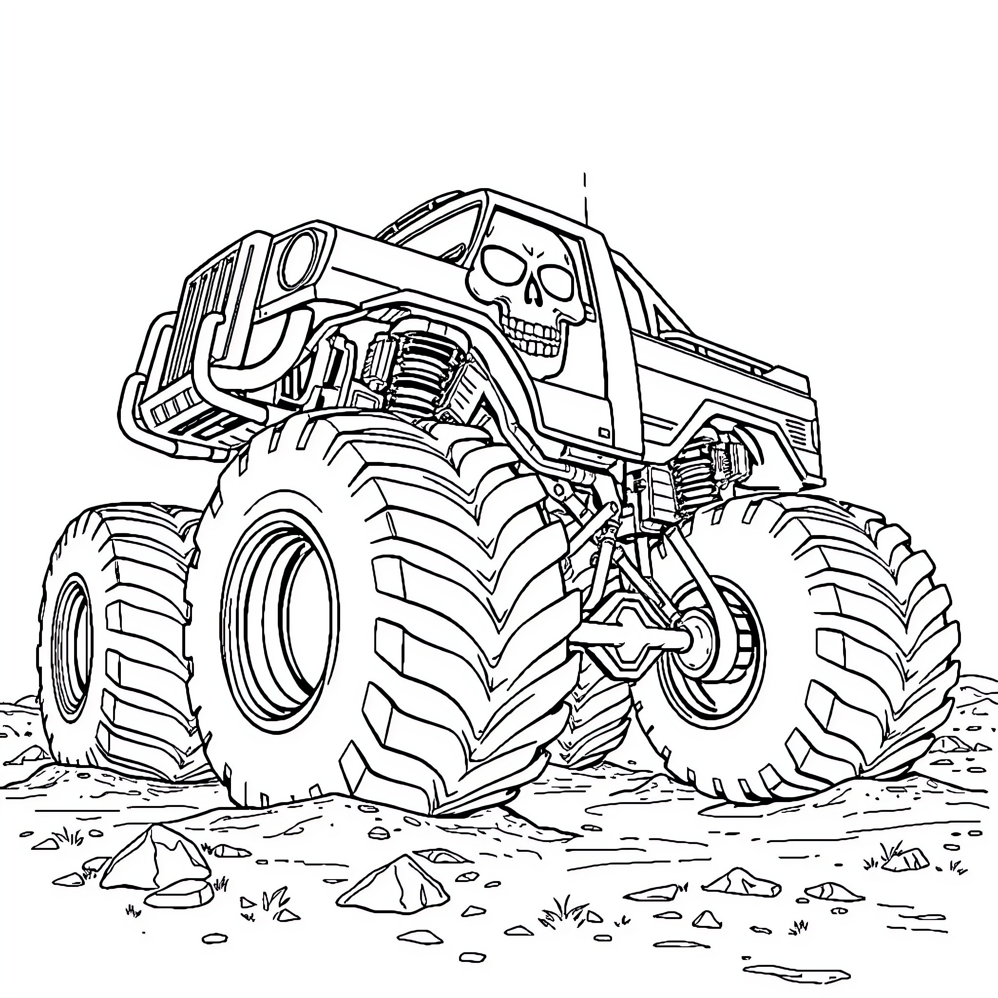 Gravedigger monster truck crushing through terrain Coloring Page (free black-and-white line drawing printable PDF for all, from beginners to advanced learners, including children, teens, adults, and seniors)