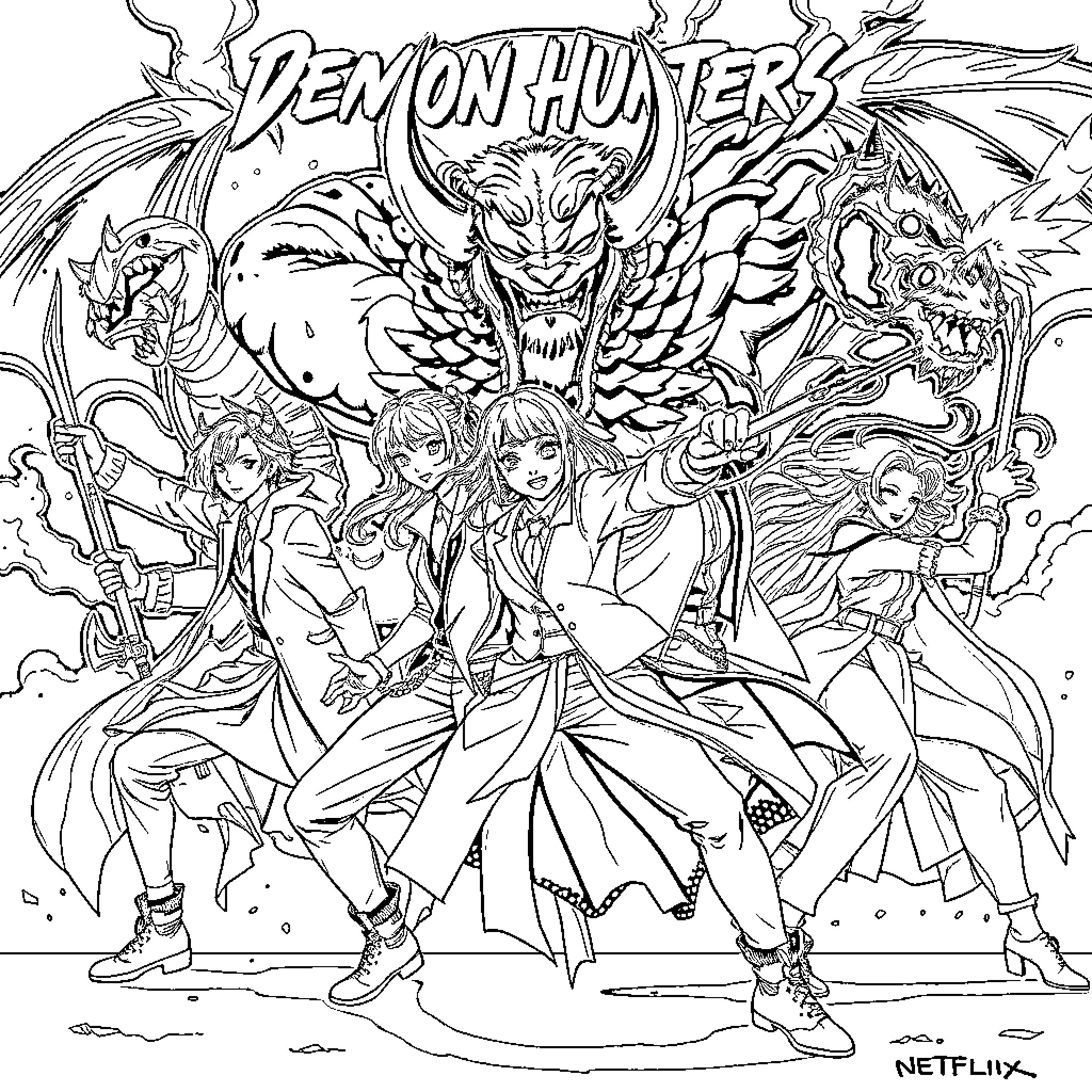 Demon Hunters in Action: Heroic Poses and Fierce Creatures Coloring Page (free black-and-white line drawing printable PDF for all, from beginners to advanced learners, including children, teens, adults, and seniors)