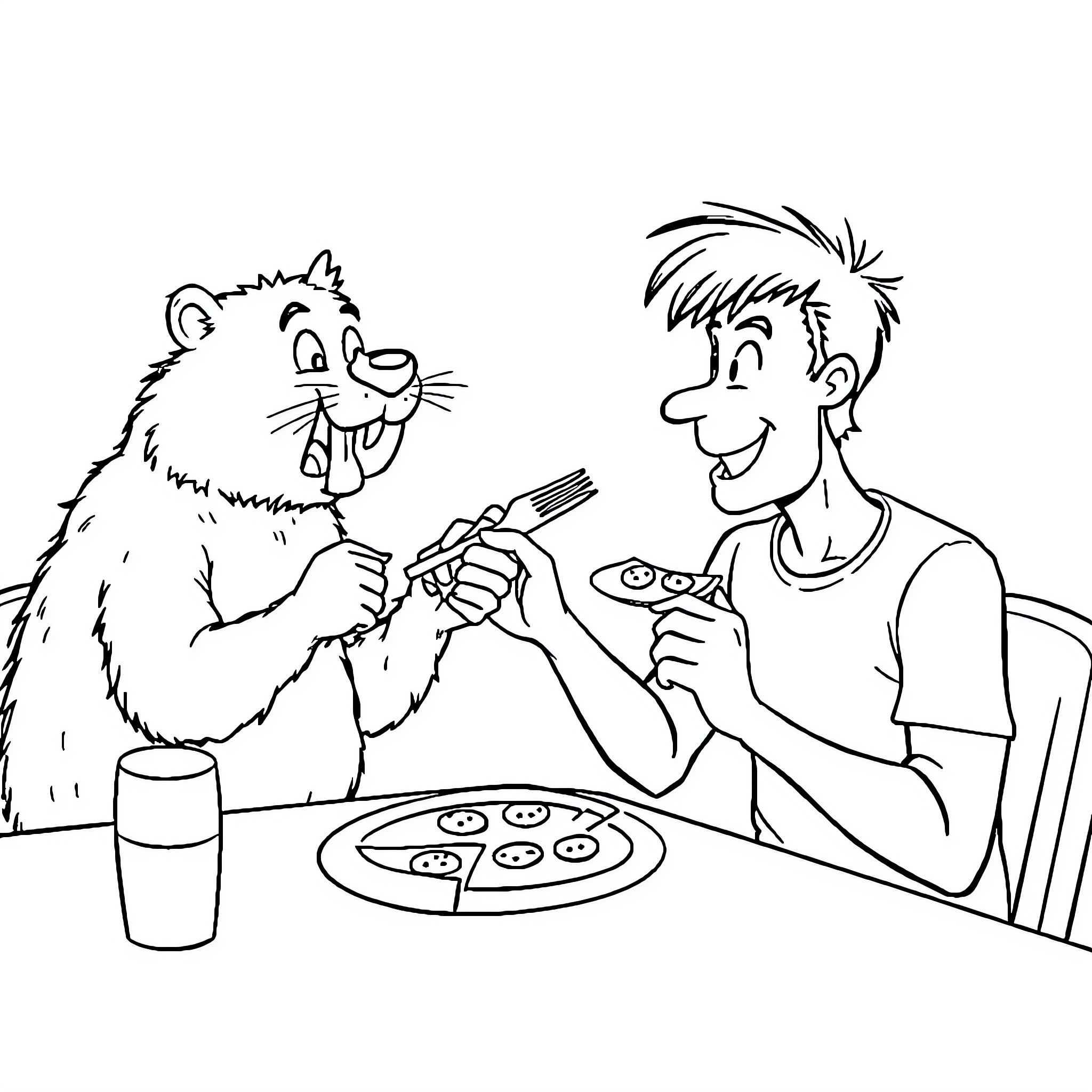 Pizza Shared by Friends Coloring Page (free black-and-white line drawing printable PDF for all, from beginners to advanced learners, including children, teens, adults, and seniors)