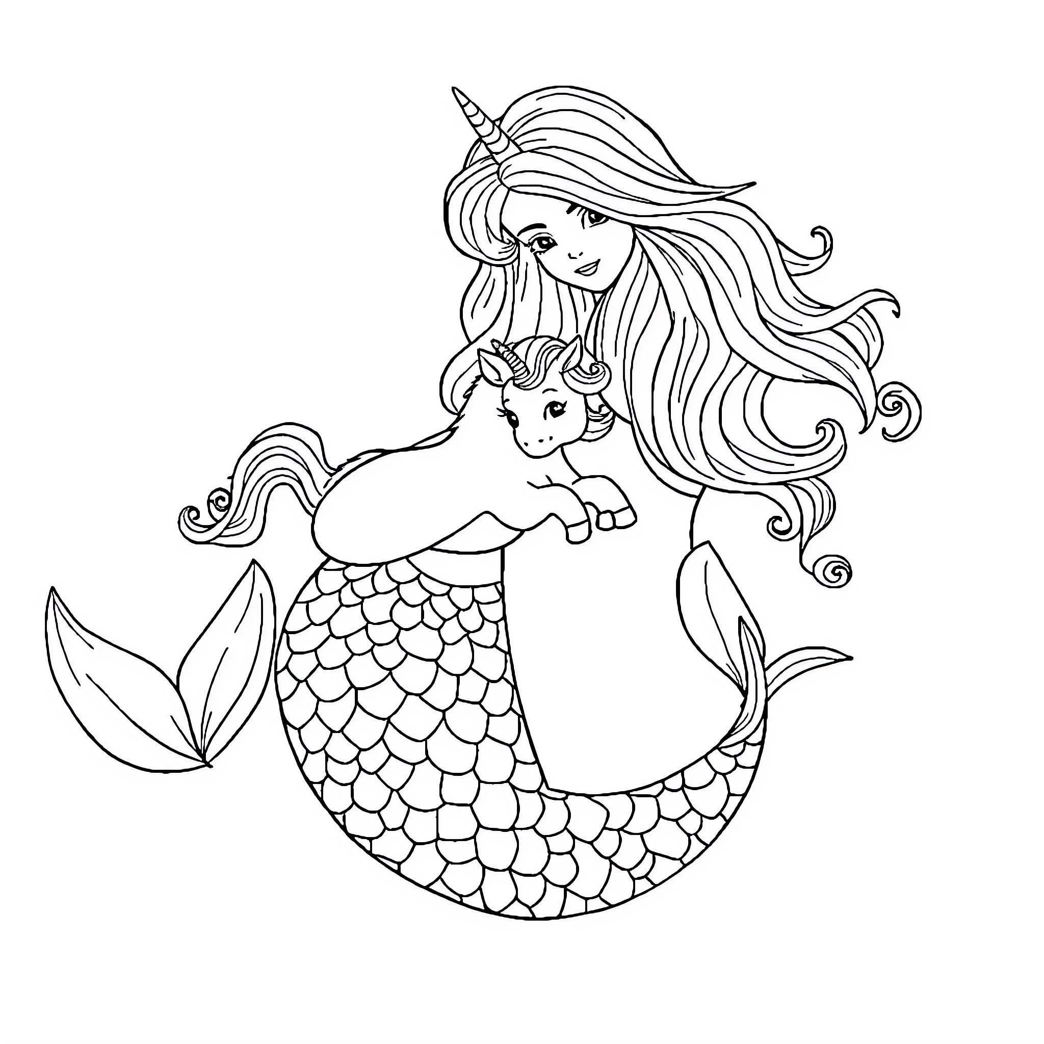 Mermaid embracing a sea creature with flowing hair Coloring Page (free black-and-white line drawing printable PDF for all, from beginners to advanced learners, including children, teens, adults, and seniors)