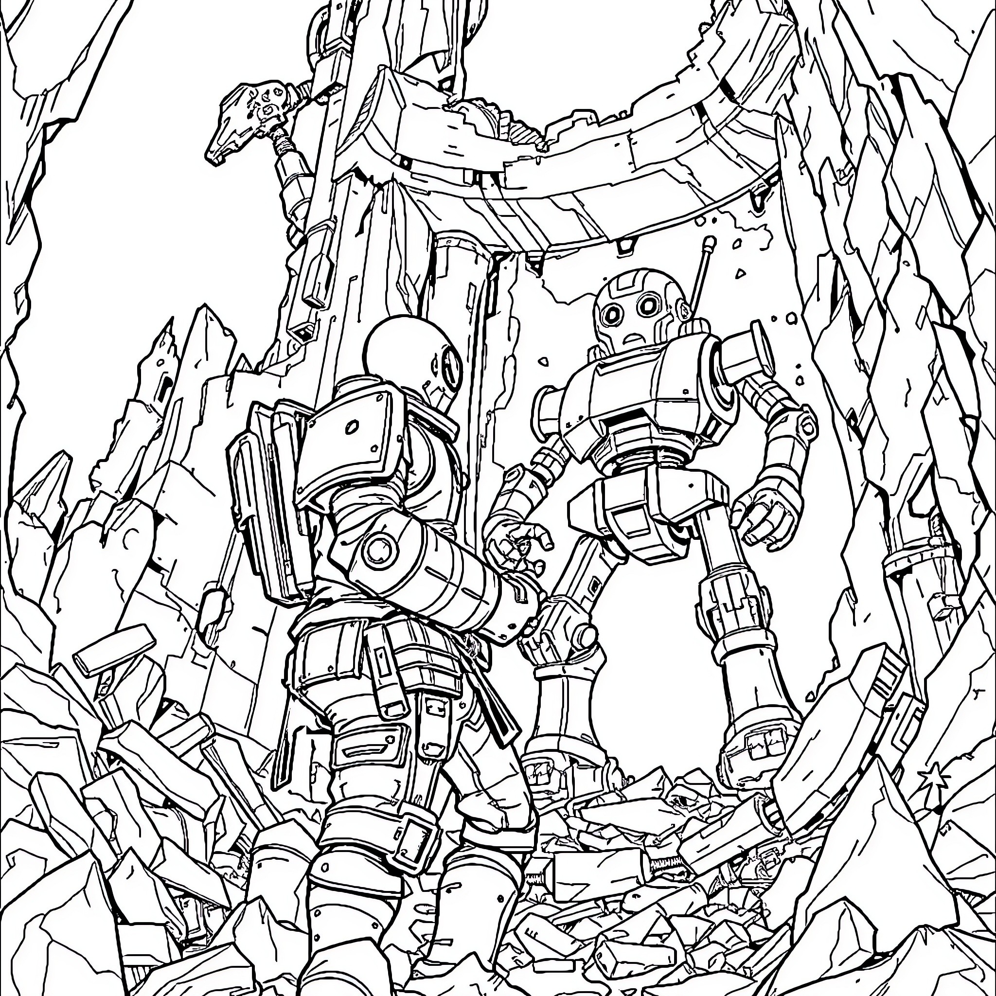 Vault Dweller navigating through the ruins of a futuristic city Coloring Page (free black-and-white line drawing printable PDF for all, from beginners to advanced learners, including children, teens, adults, and seniors)