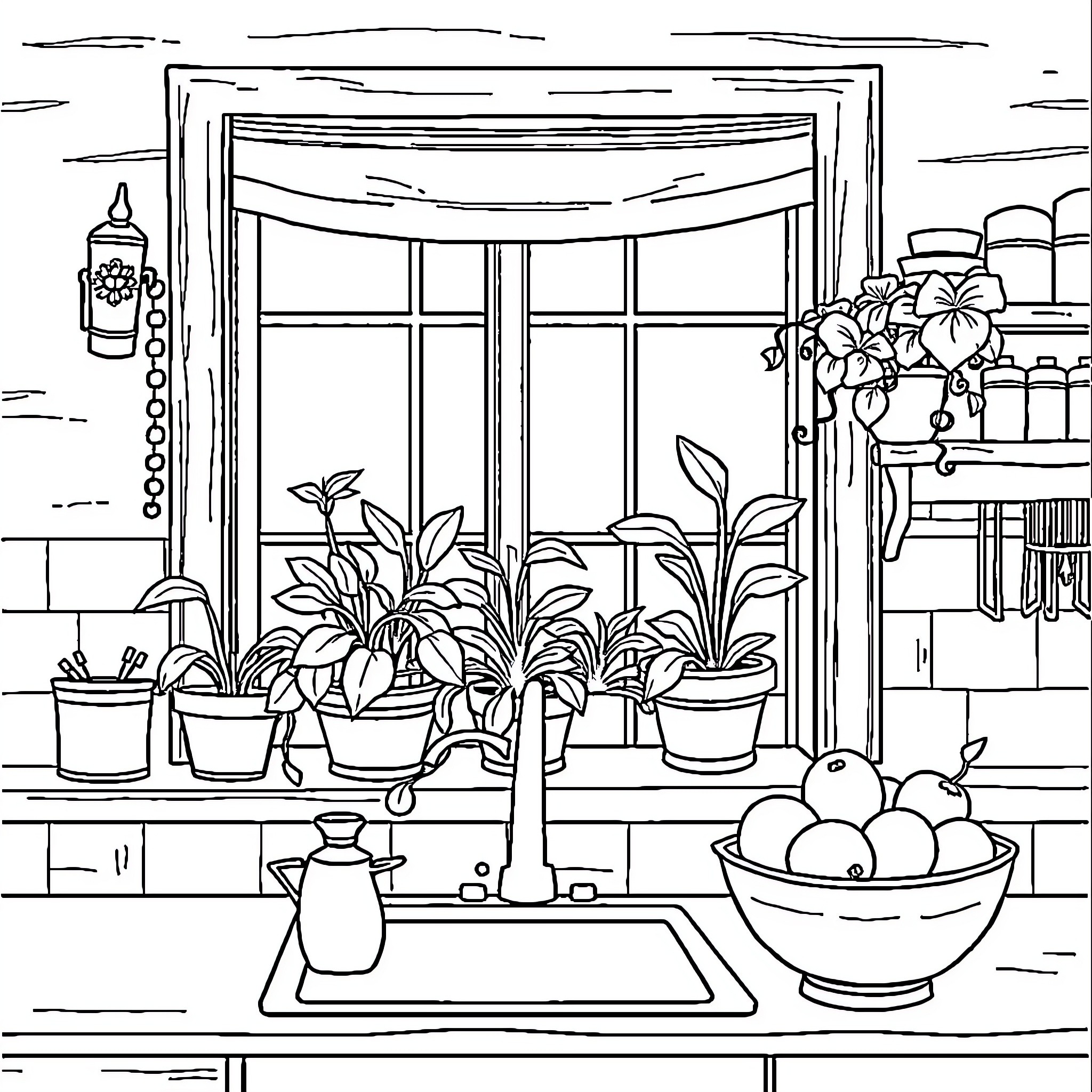 Kitchen with Potted Plants and Produce Coloring Page (free black-and-white line drawing printable PDF for all, from beginners to advanced learners, including children, teens, adults, and seniors)