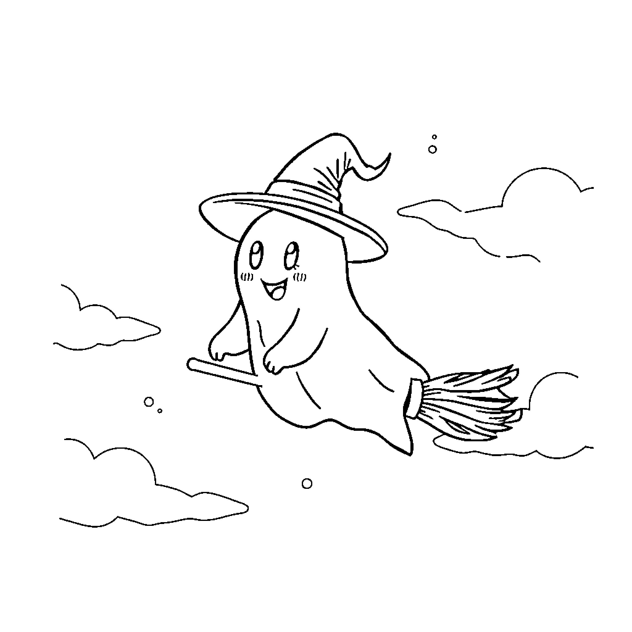 Ghost flying on a broomstick in the clouds Coloring Page (free black-and-white line drawing printable PDF for all, from beginners to advanced learners, including children, teens, adults, and seniors)