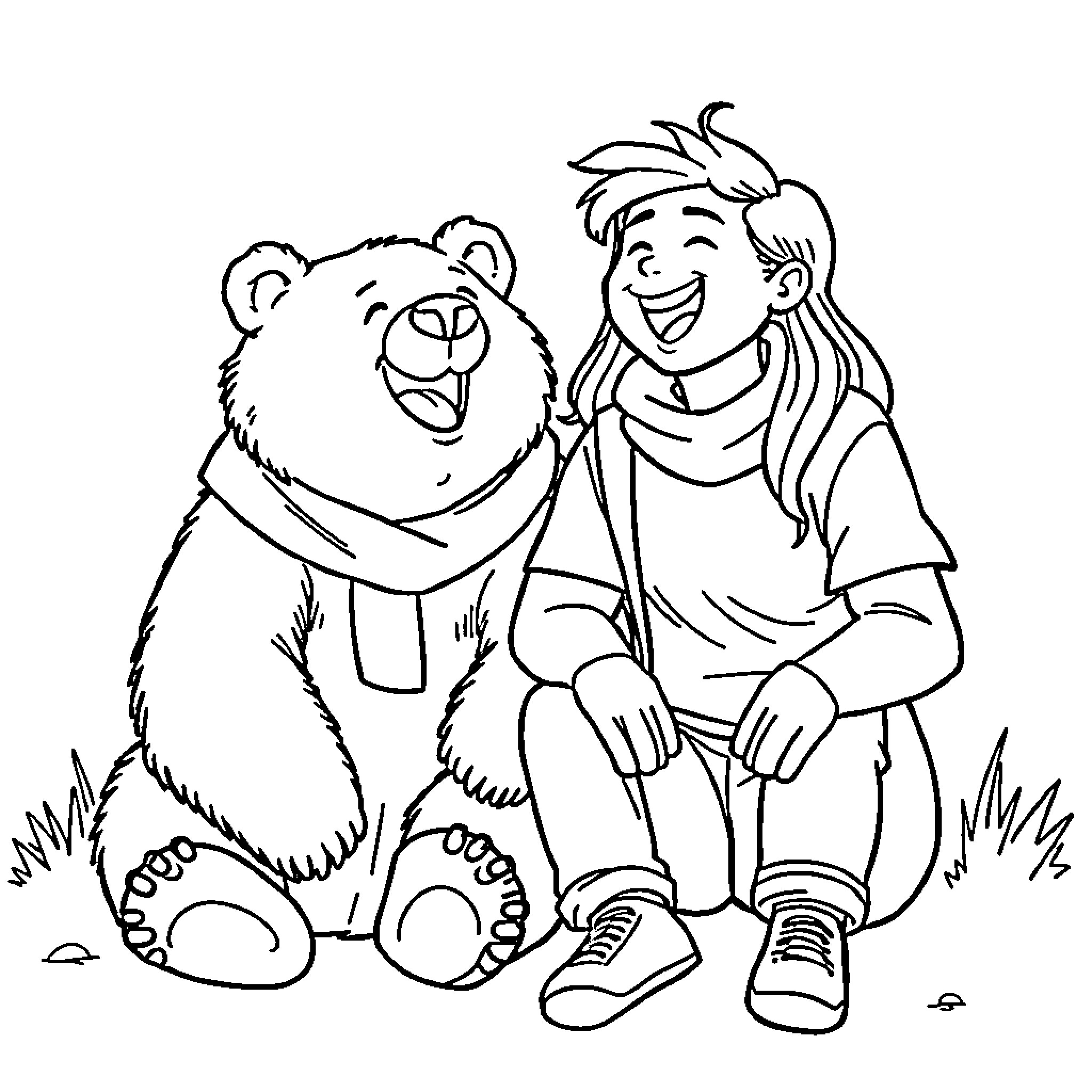 Bear and boy playing joyfully Coloring Page (free black-and-white line drawing printable PDF for all, from beginners to advanced learners, including children, teens, adults, and seniors)