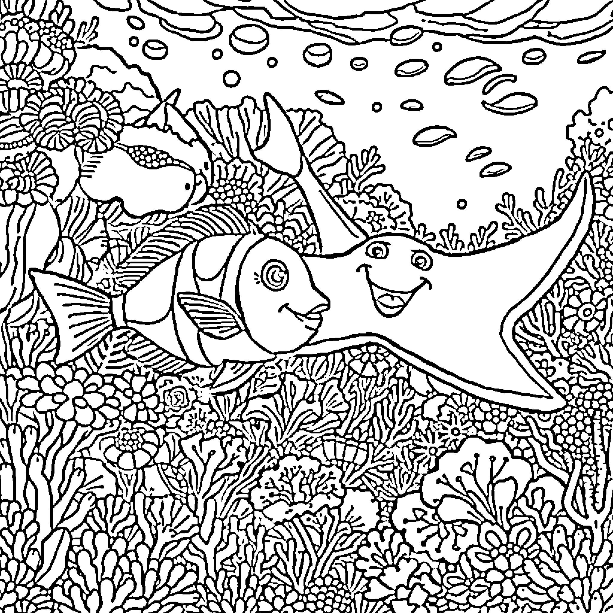 Fish swimming joyfully in the vibrant underwater world Coloring Page (free black-and-white line drawing printable PDF for all, from beginners to advanced learners, including children, teens, adults, and seniors)