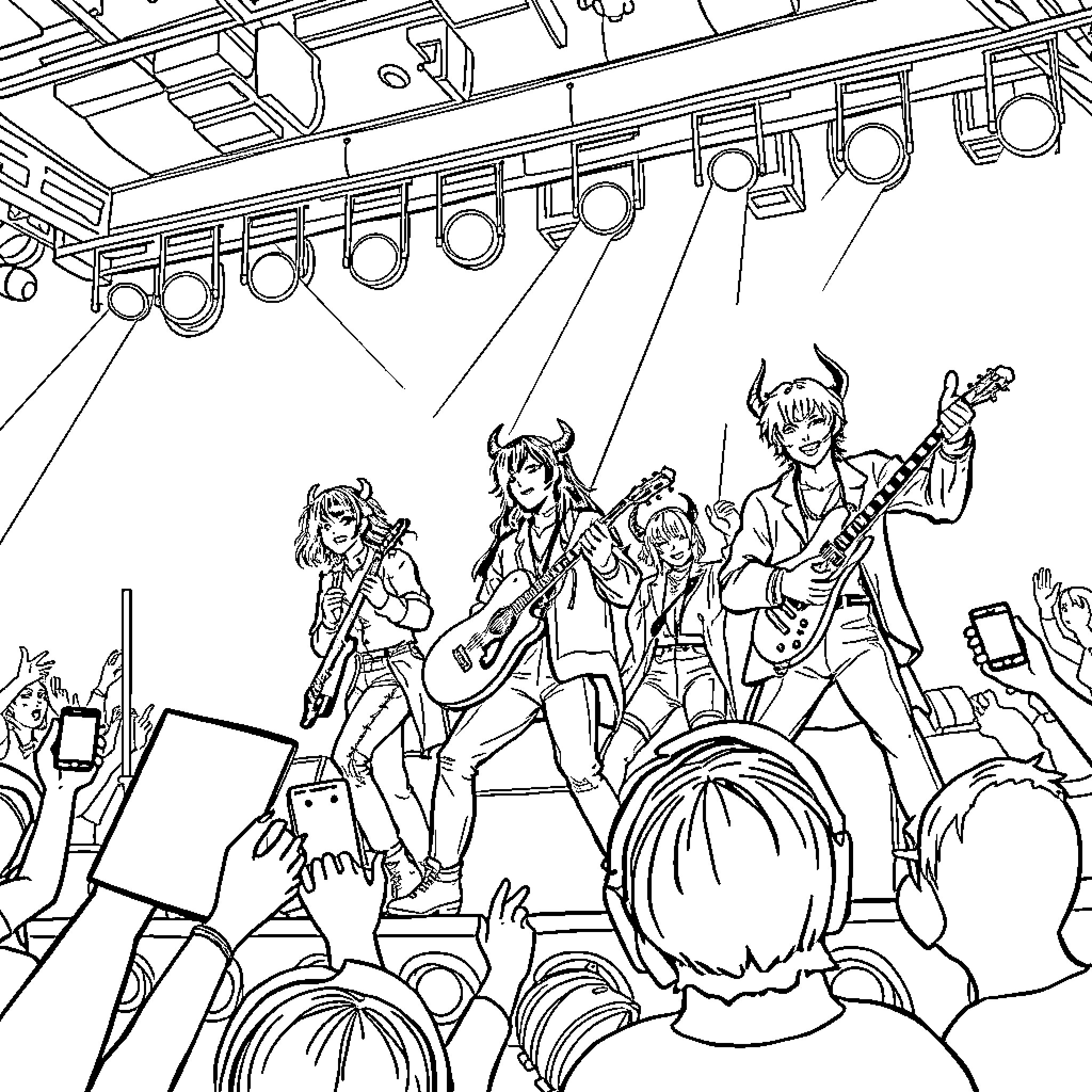 KPOP Demonhunters performing energetic stage show Coloring Page (free black-and-white line drawing printable PDF for all, from beginners to advanced learners, including children, teens, adults, and seniors)